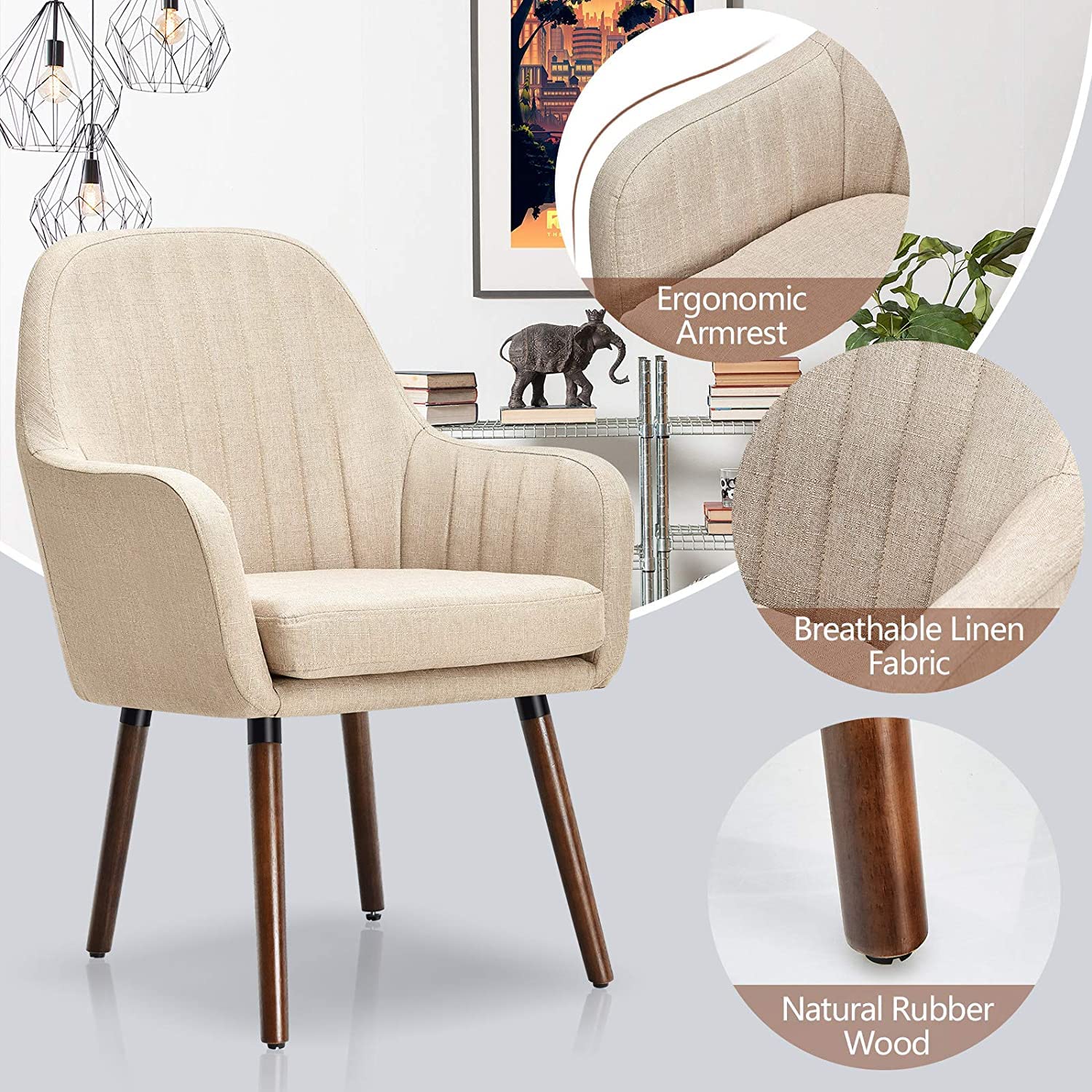 Set of 2/4 Fabric Dining Chairs, Accent Upholstered Arm Chair w/Wood Legs