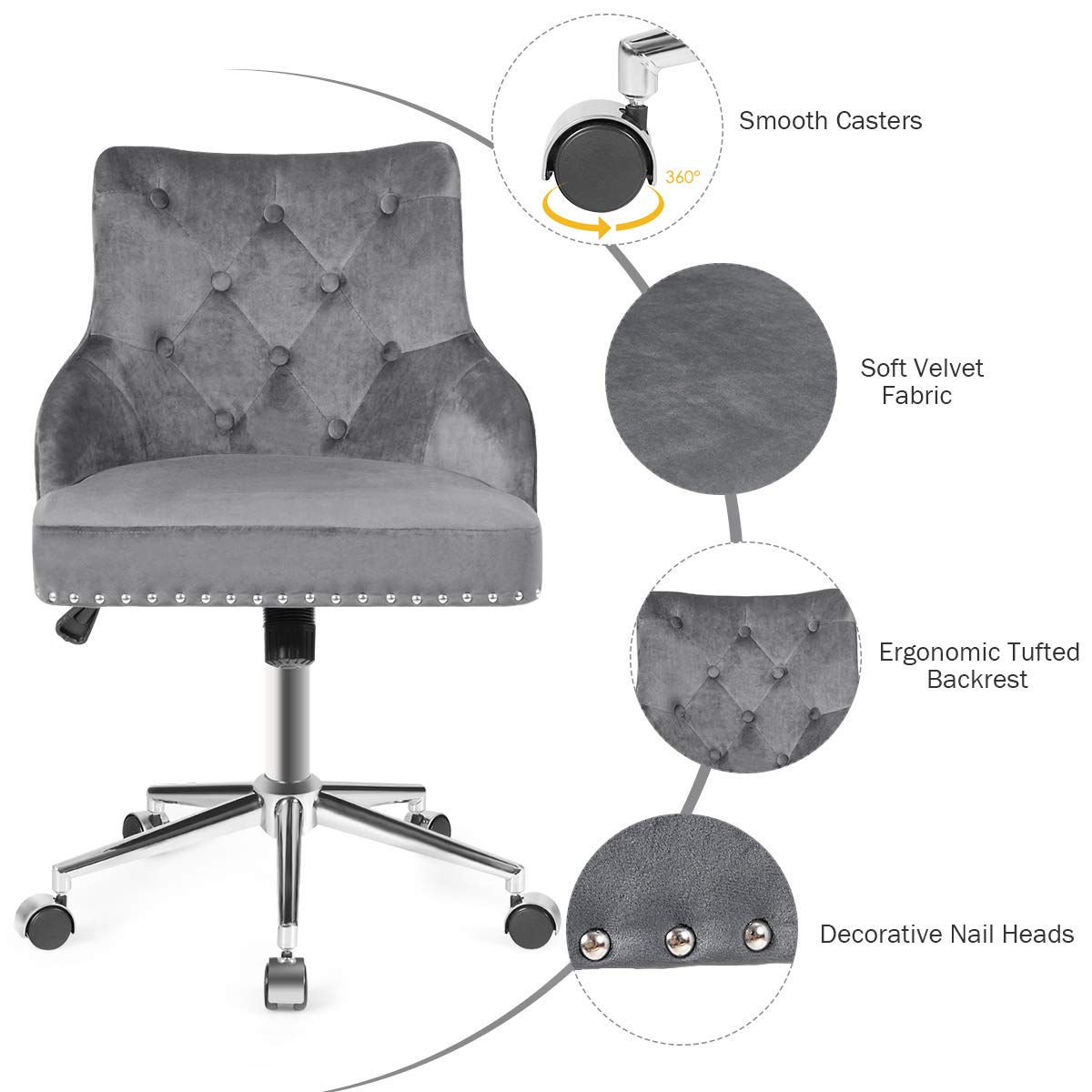 Modern Home Office Chair, Tufted Velvet Swivel Armchair with Nailhead Trim