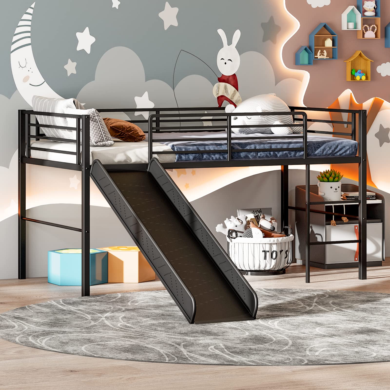 Twin Metal Low Loft Bed with Slide, Safety Guardrails & Built-in Ladder