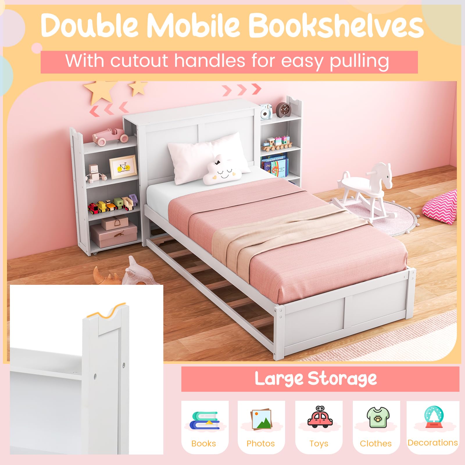 Twin Wood Daybed with Trundle with 2 Rolling Bookcases & High Headboard