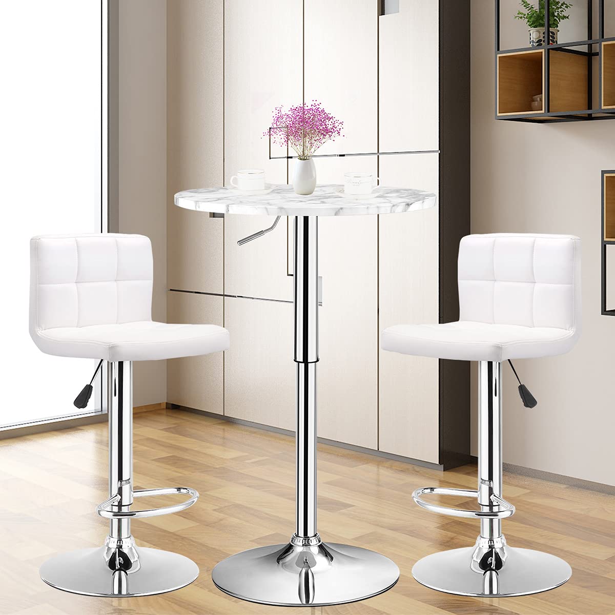 Round Pub Table Height Adjustable, 360&deg; Swivel Cocktail Pub Table with Sliver Leg and Base