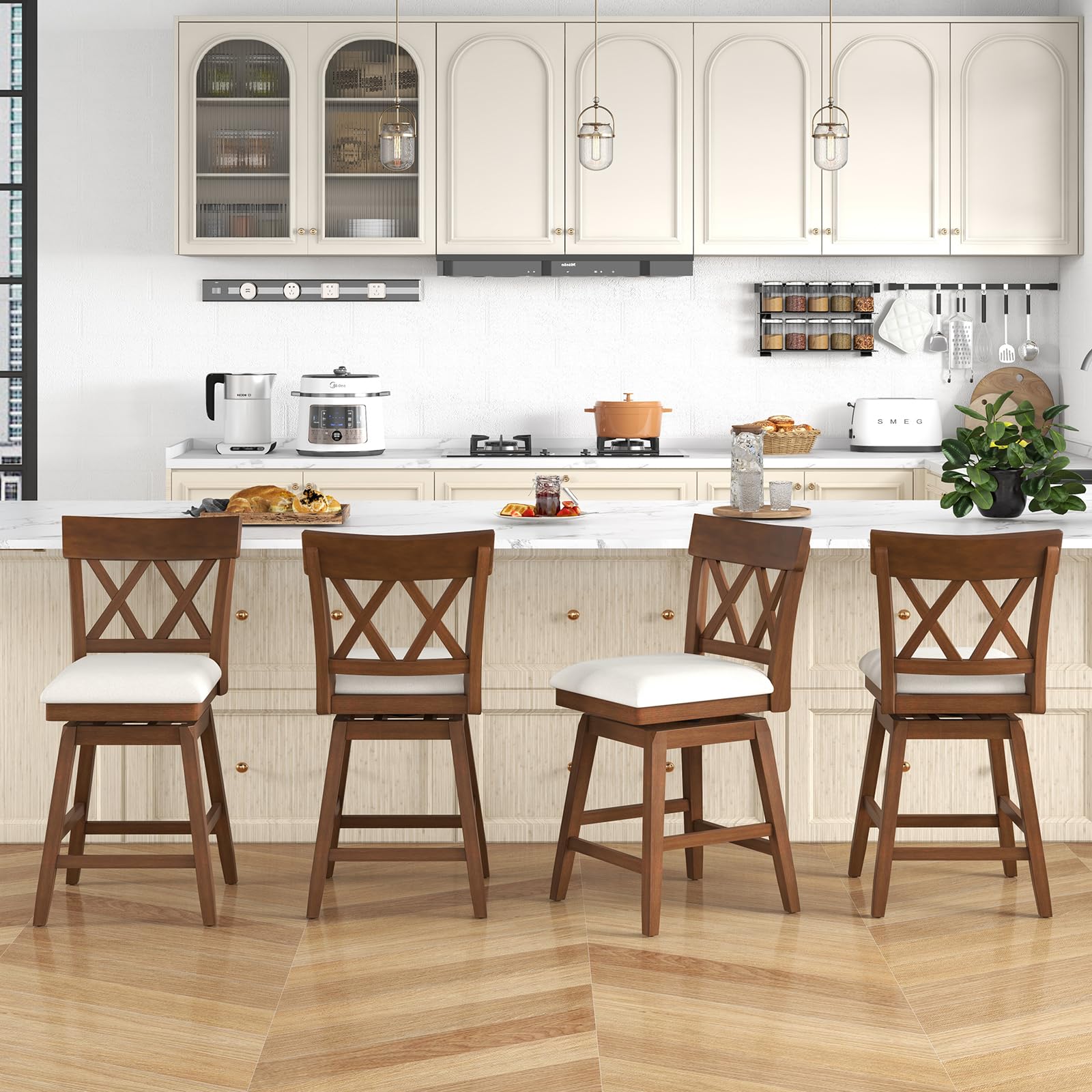 Swivel Counter Height Bar Stool with Contoured Backrest, Padded Seat & Rubber Wood Legs