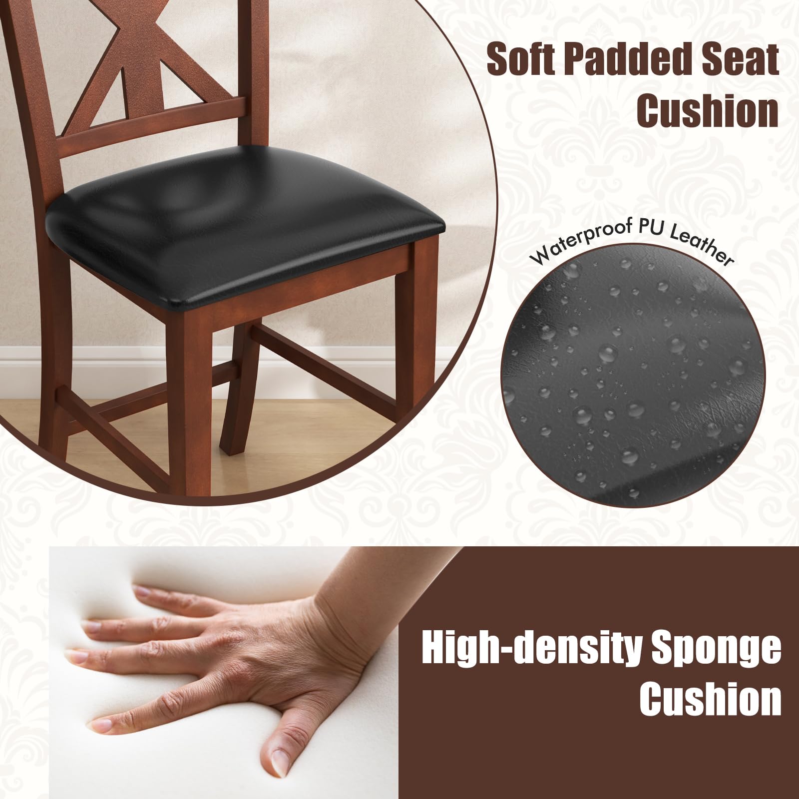 Wood Bar Stools Set of 2/4, 24" Upholstered Counter Height Bar Chairs w/Hollowed High Back, PU Leather, Rubber Wood Legs