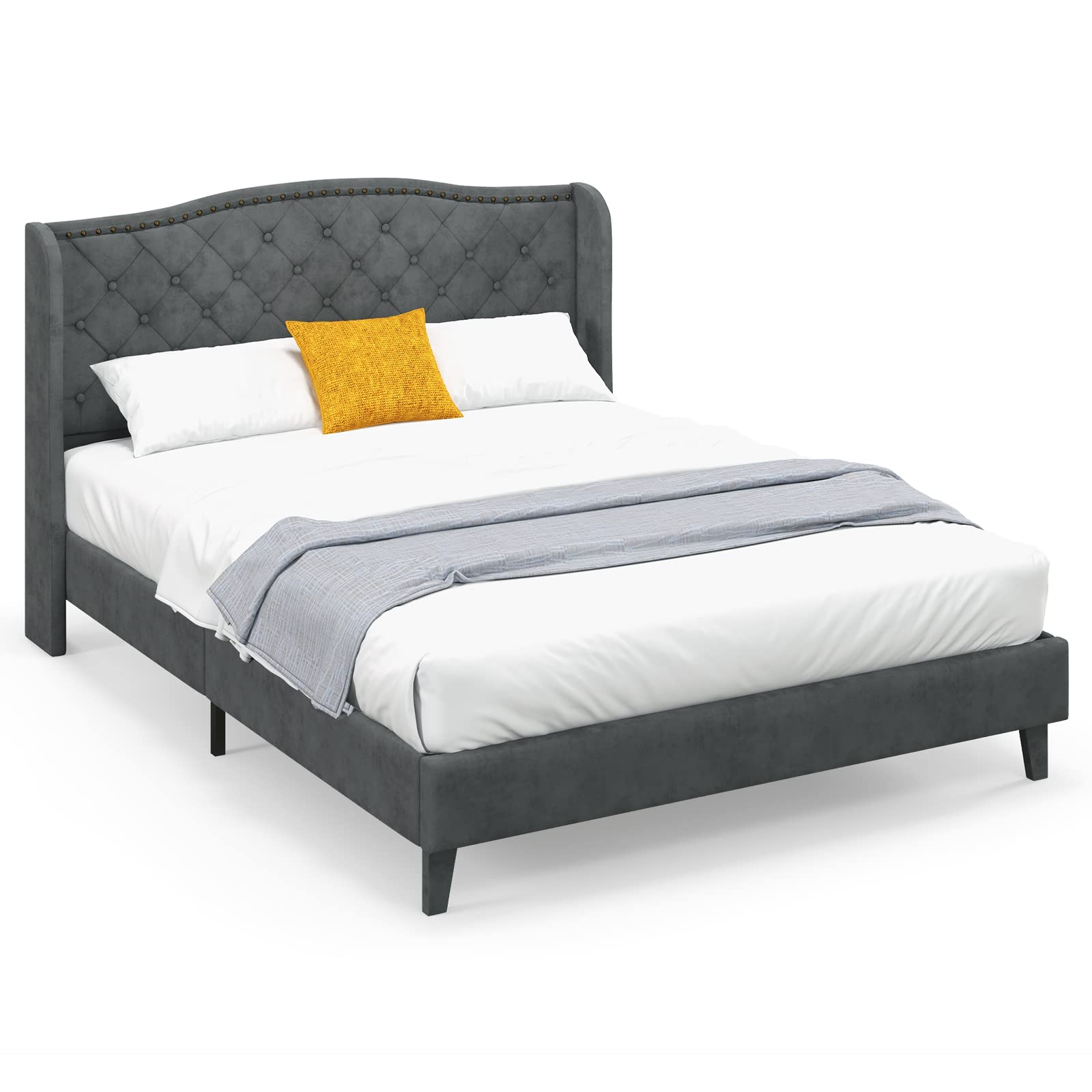 Full/Queen Size Velvet Upholstered Platform Bed Frame with Button Tufted Headboard