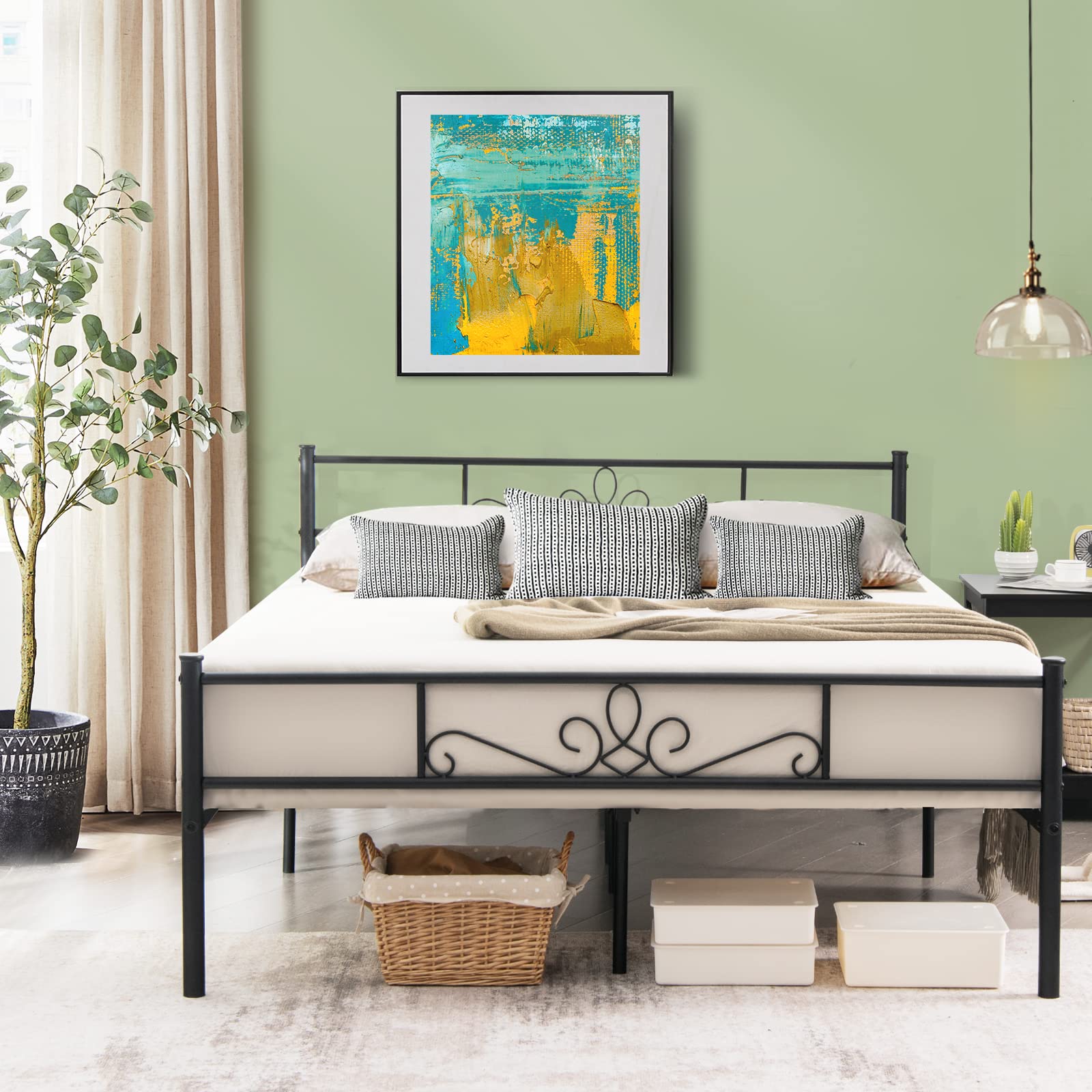 Metal Platform Bed Frame with Headboard & Footboard, Reinforced Metal Slats Supported Mattress Foundation