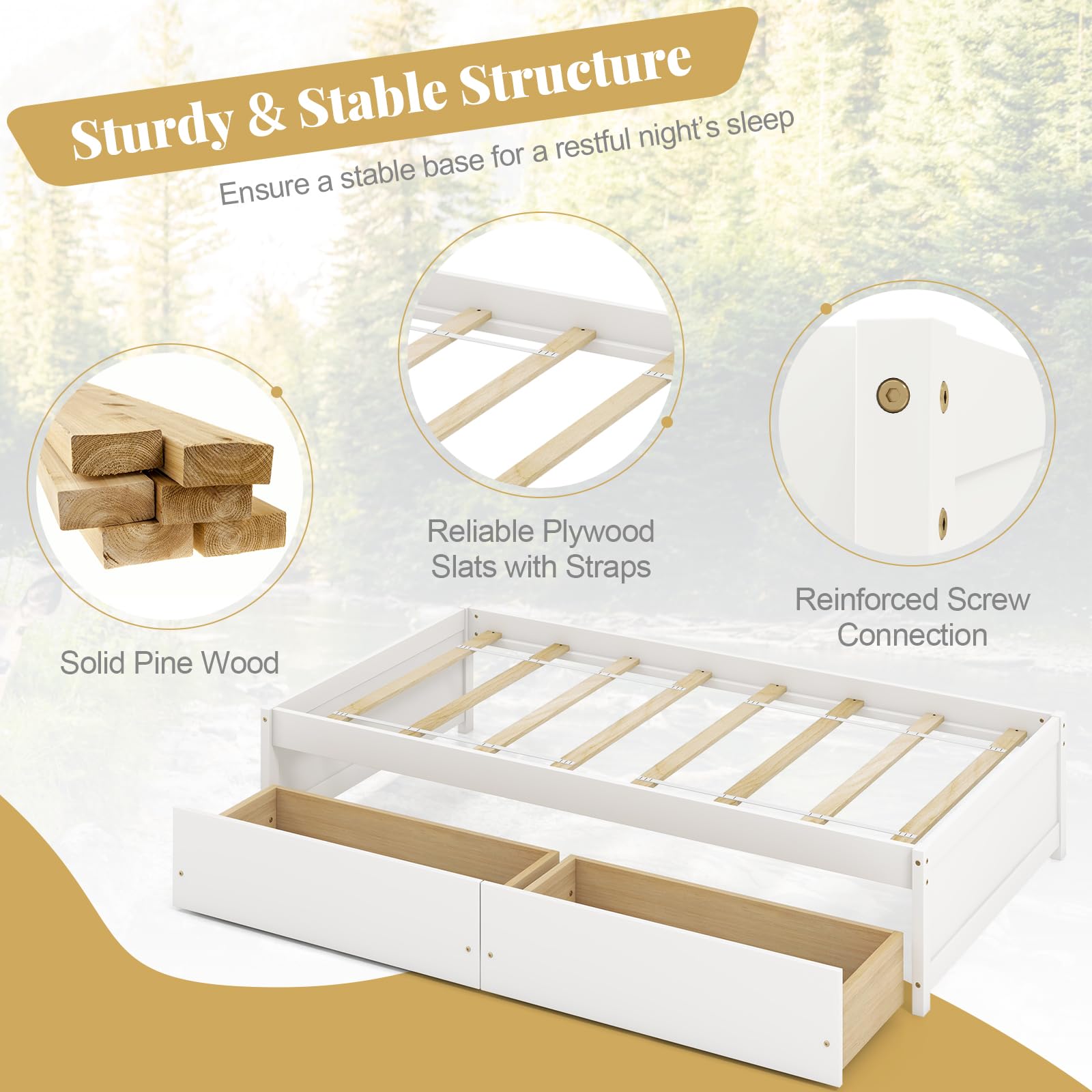 Bed Frame with 2 Storage Drawers, Solid Wood Platform Bed with Slats Support