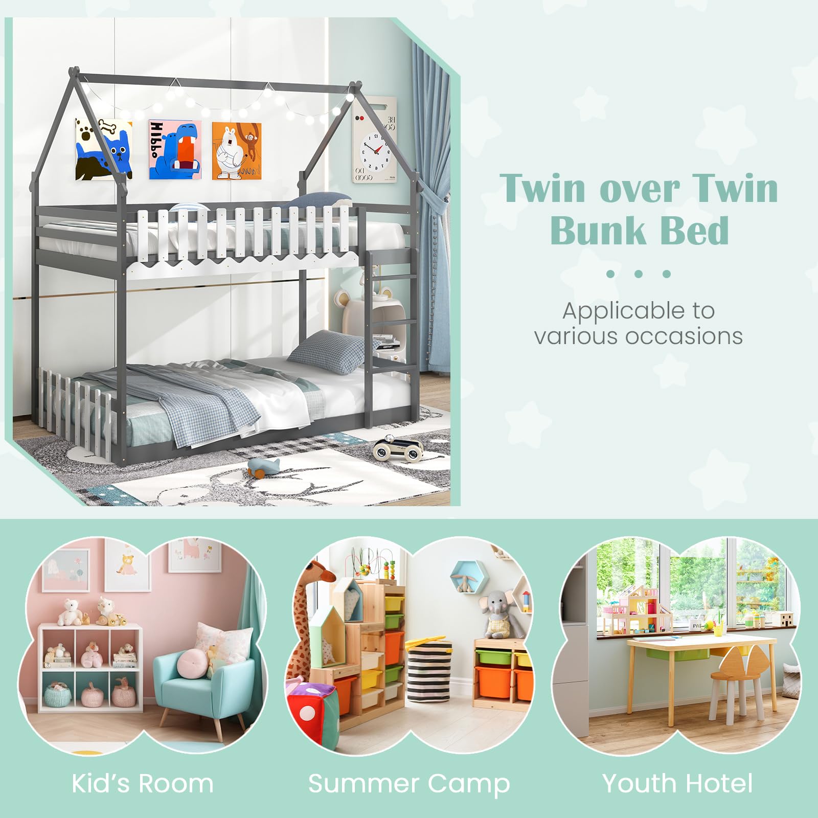 Wood Twin Over Twin House Bunk Bed, Solid Wood Low Bunk Bed with Ladder, Safety Guardrails & Fences