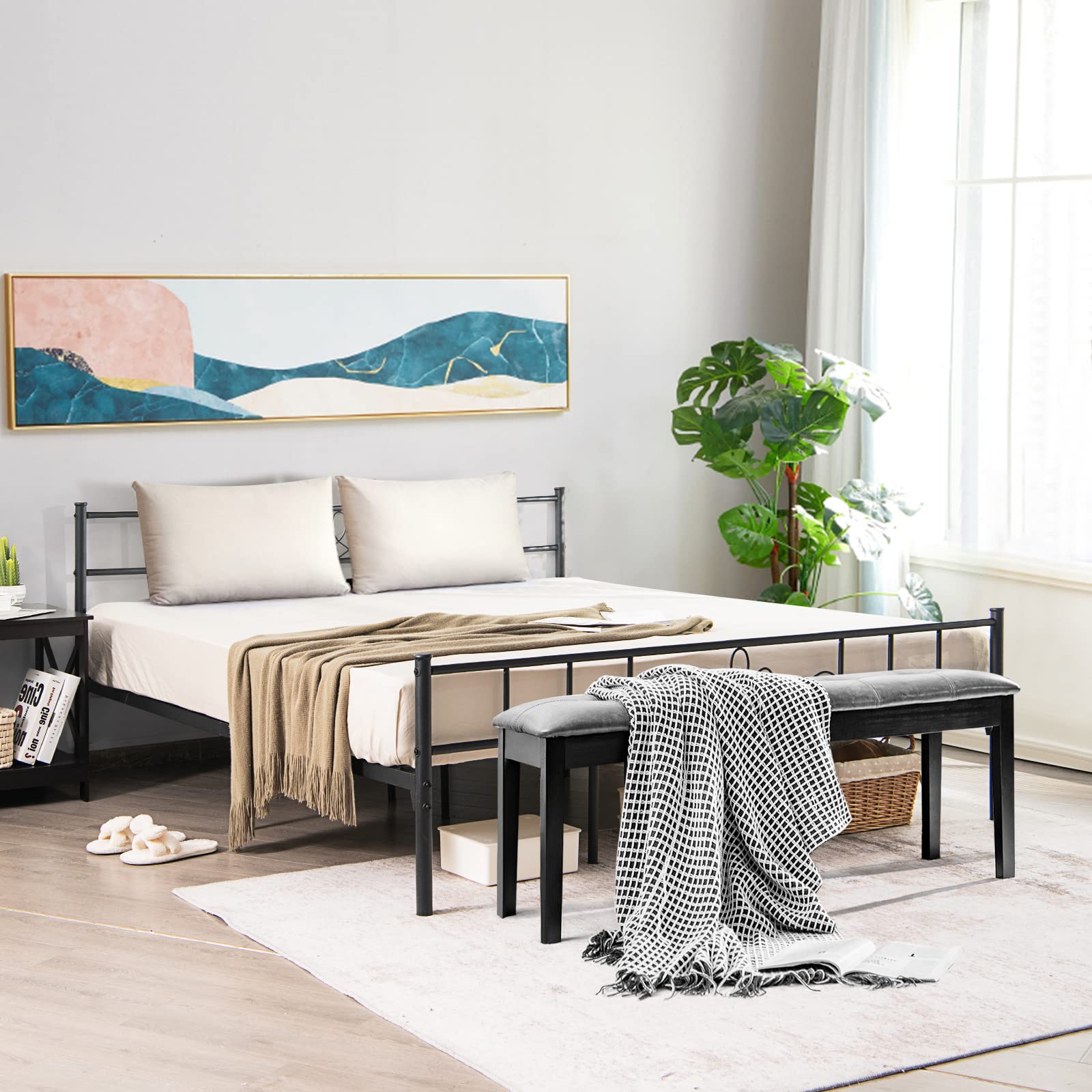 Metal Platform Bed Frame with Headboard & Footboard, Reinforced Metal Slats Supported Mattress Foundation
