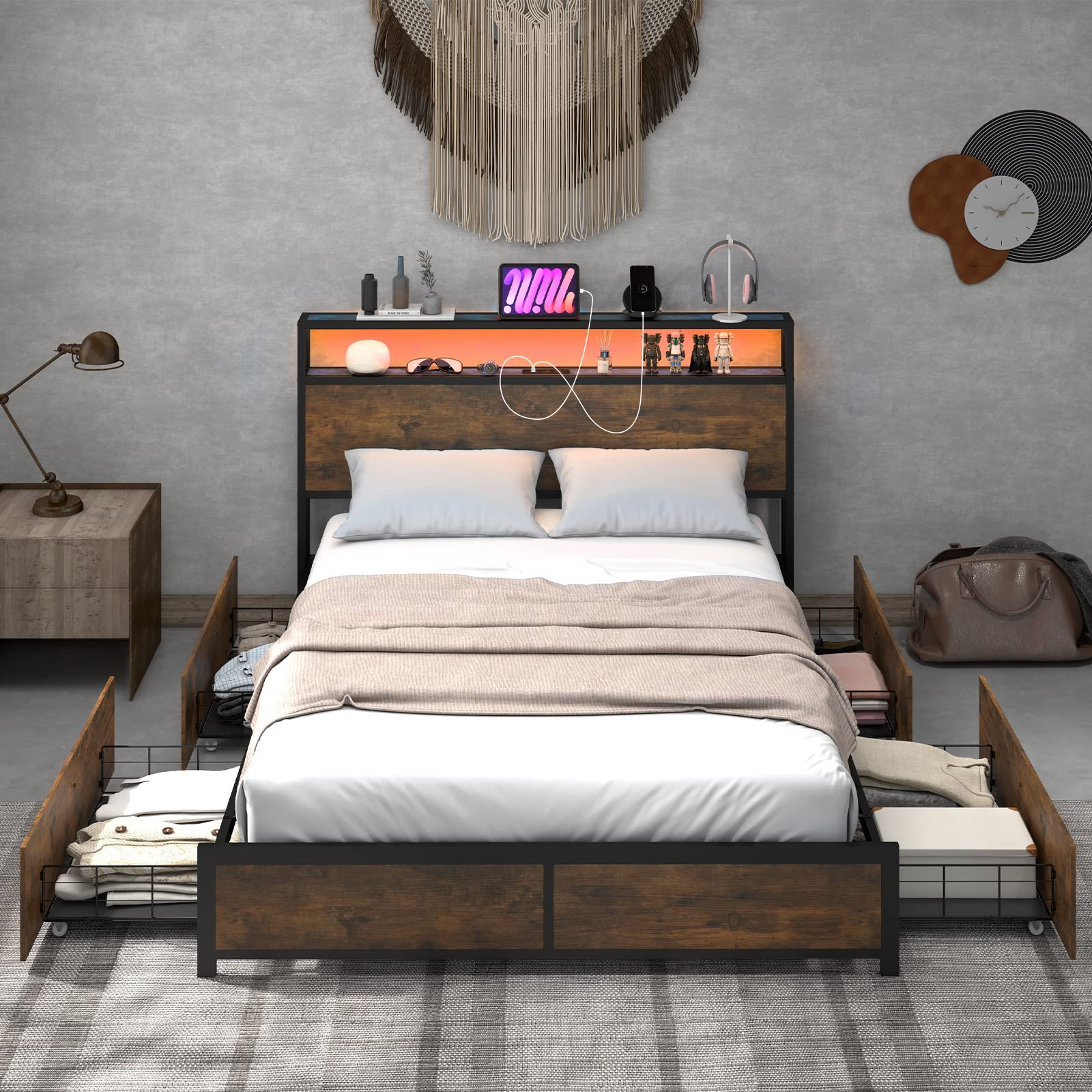 Metal Bed Frame with LED Lights Headboard and 4 Storage Drawers, Outlets and USB Ports Charging Station