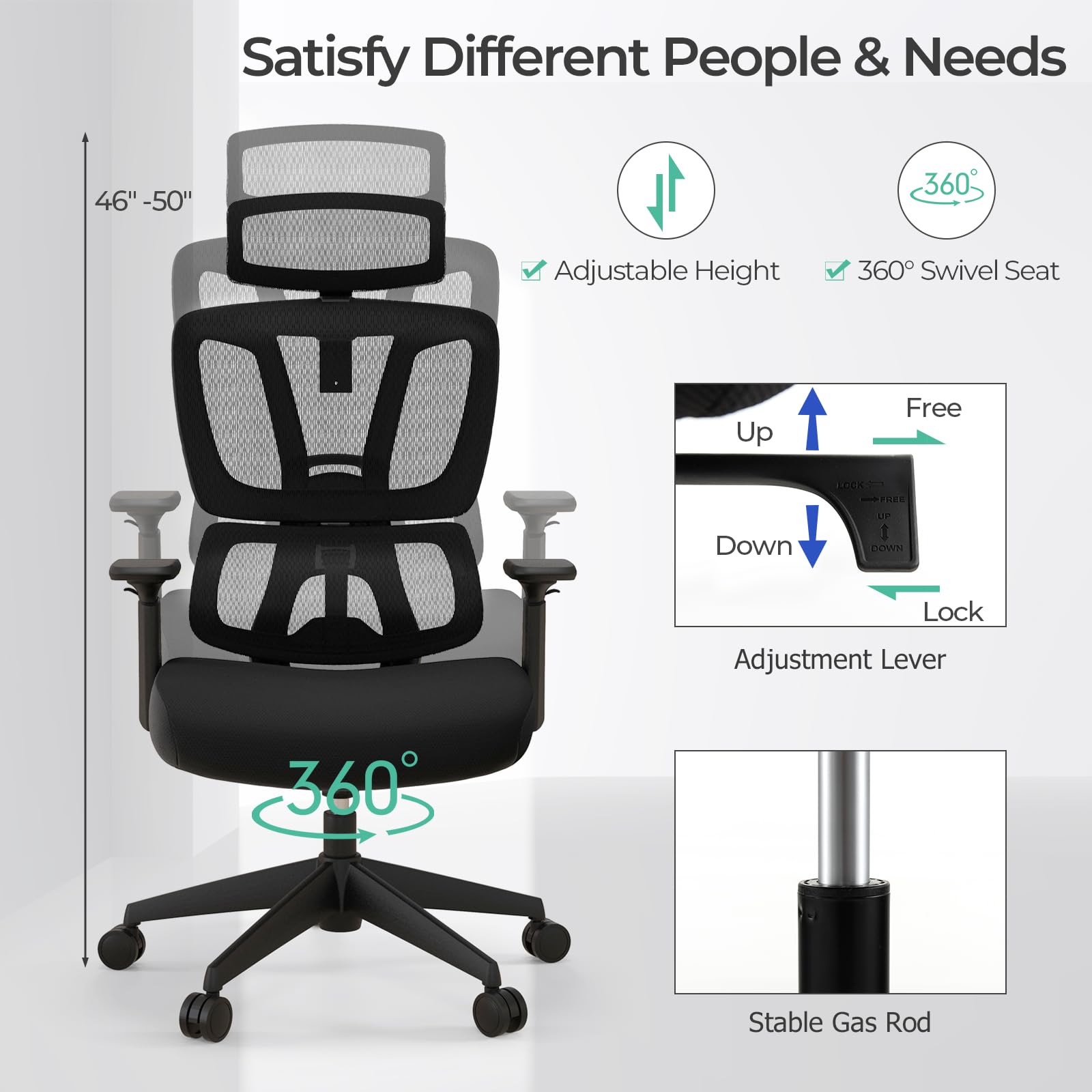 Ergonomic Office Chair - Mesh Desk Chair with Adjustable Lumbar Support, Headrest & Armrests
