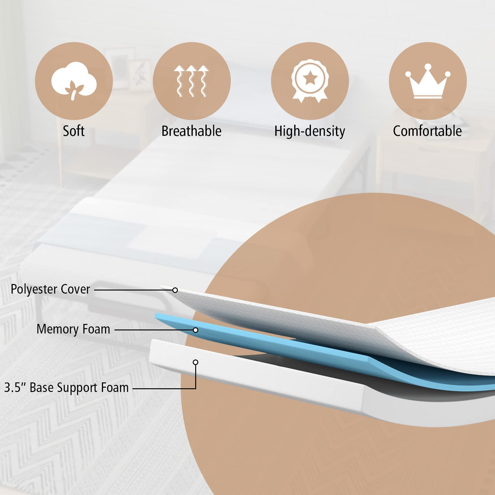 Folding Bed with 4" Mattress for Adults, Twin Size Rollaway Guest Beds w/Sturdy Metal Frame & Memory Foam Mattress