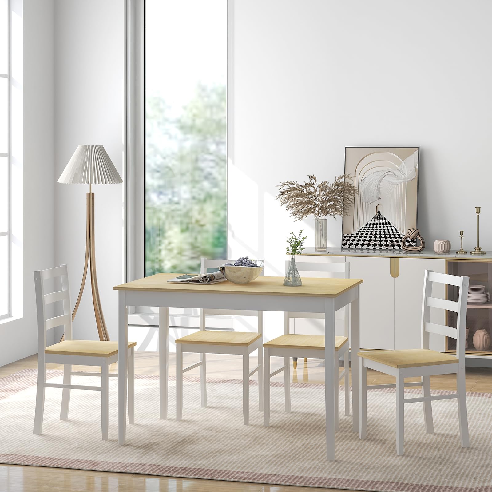 Dining Table Set for 4, Farmhouse Solid Wood Dining Set w/Rubber Wood Legs