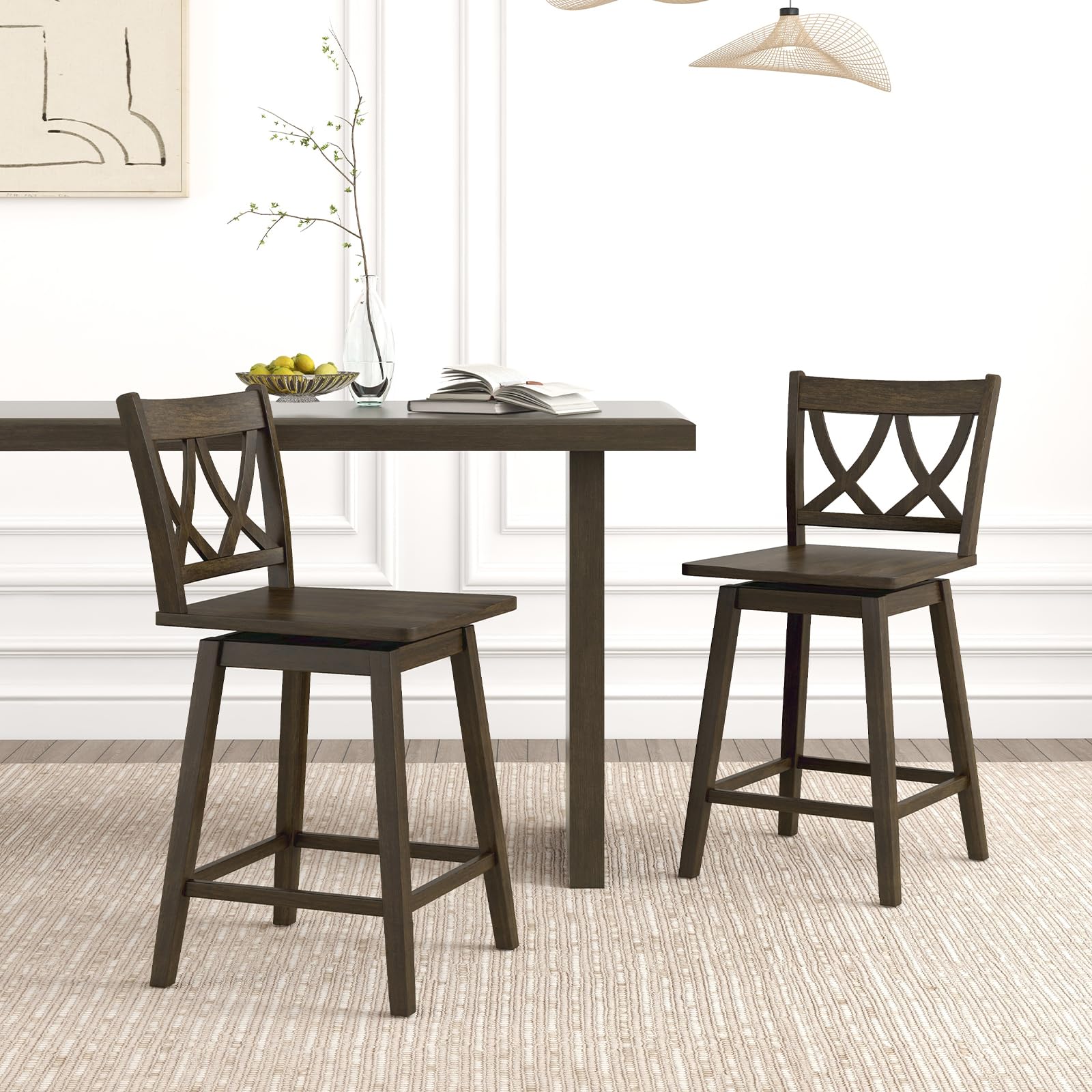 Swivel Wooden Bar Stools Set of 2/4 with Rubber Wood Frame, Footrest & Ergonomic Backrest