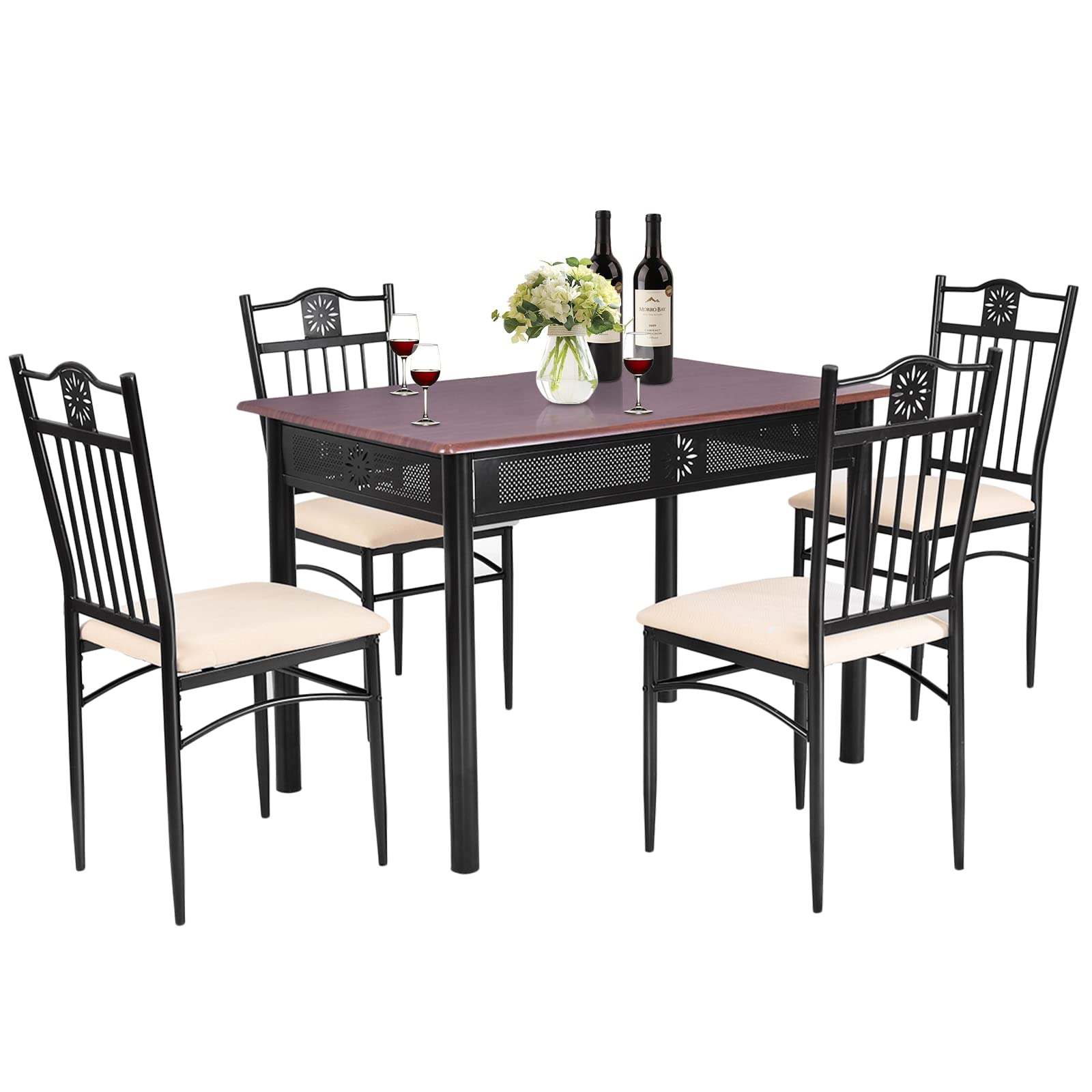 5 Piece Dining Table and Chairs Set, Vintage Retro Wood Top Metal Frame Padded Seat