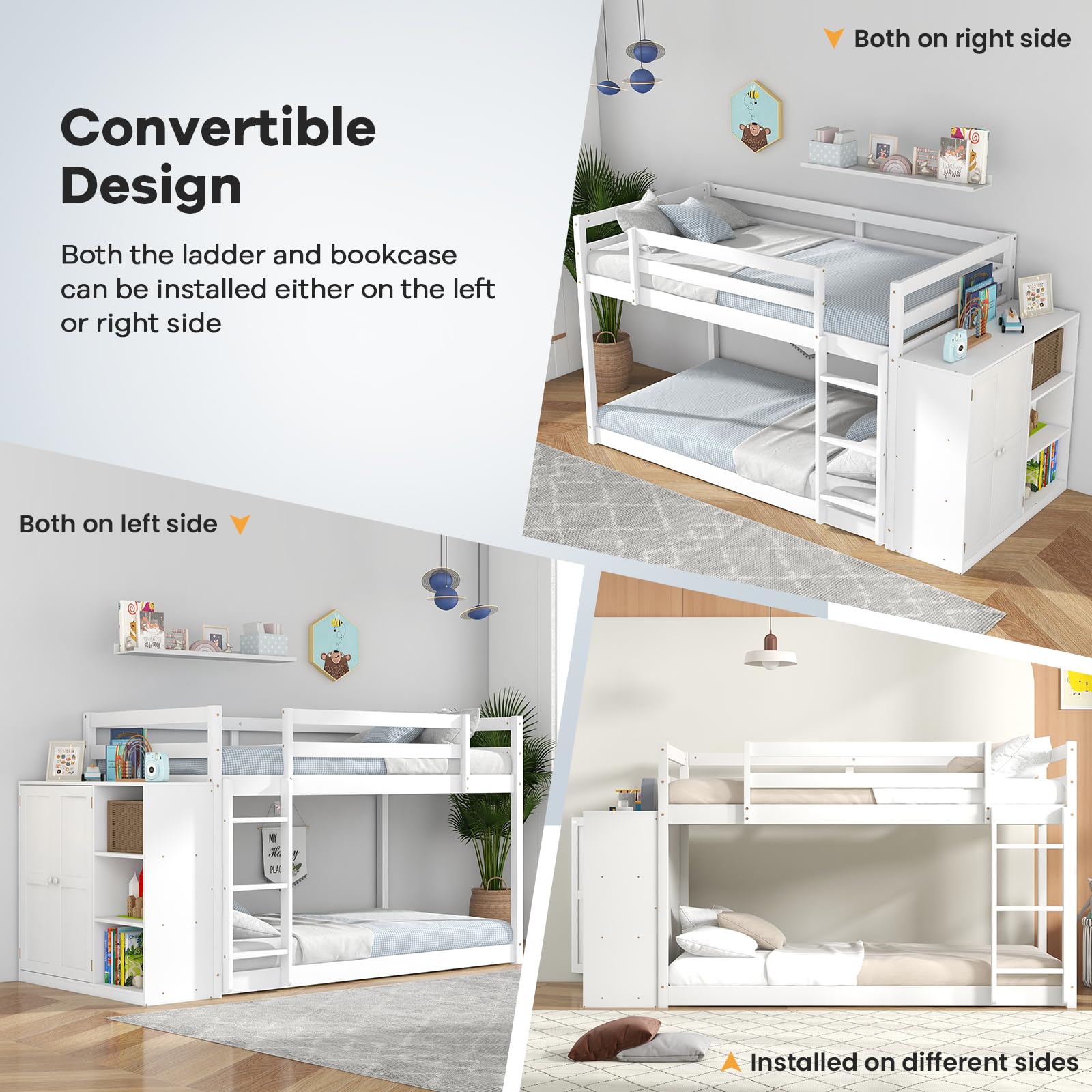 Twin Over Twin Bunk Bed with Storage Cabinet & Shelves, Convertible Bookcase