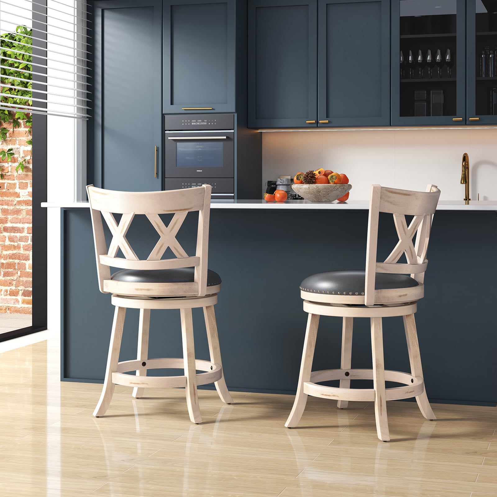 25.5" Bar Stools Set of 2/4, Swivel Counter Height Stools with Back, 20" Wide Padded Seat, Rubber Wood Frame