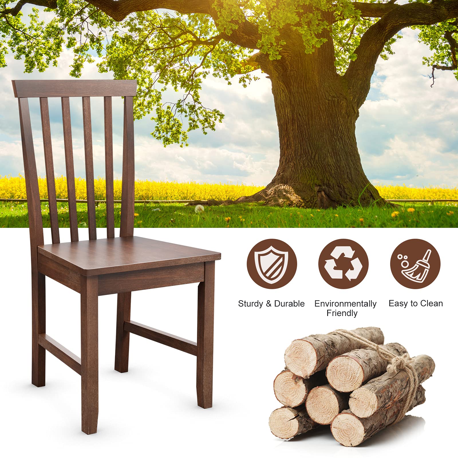 Wood Dining Chair Set of 2/4, Farmhouse Wooden Dining Side Chair with High Slat Back, Rubber Wood Legs