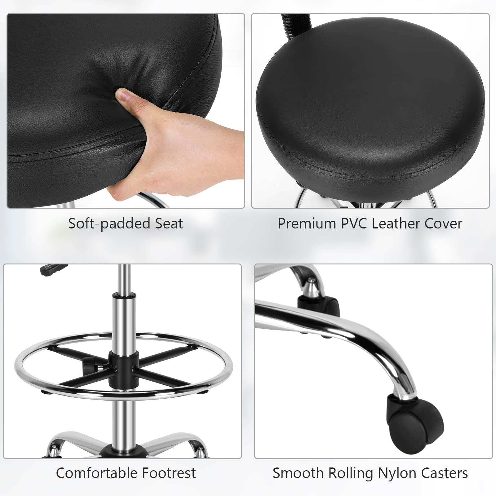 PU Leather Drafting Chair, Tall Office Chair with Retractable Mid Back, Standing Desk Chair with Adjustable Foot Ring