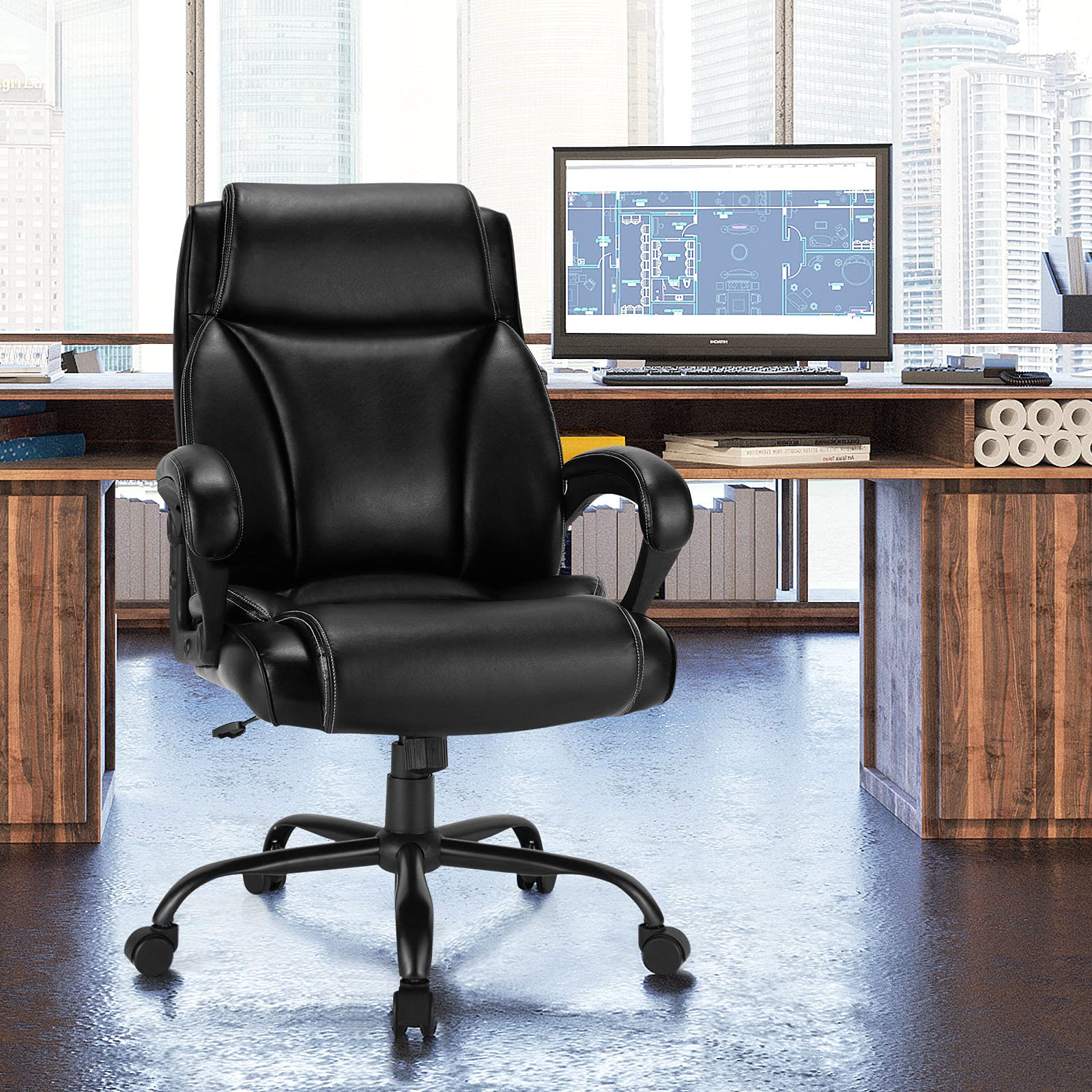 Big and Tall Leather Adjustable Swivel Executive Office Chair with Armrest and Lumbar Support