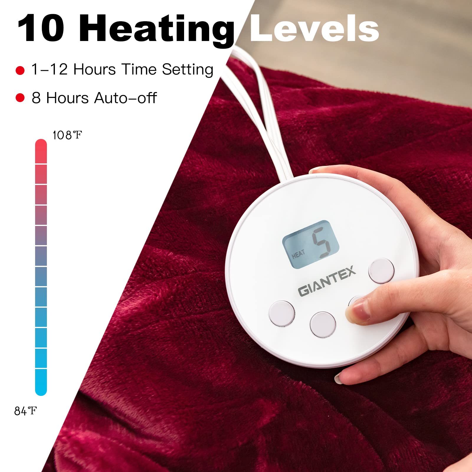 Heated Blanket Electric Blanket Twin Size 84&rsquo;&rsquo; x 62&rsquo;&rsquo; Heating Blanket with 10 Heating Levels & 12 Hour Selectable Auto Shut-Off