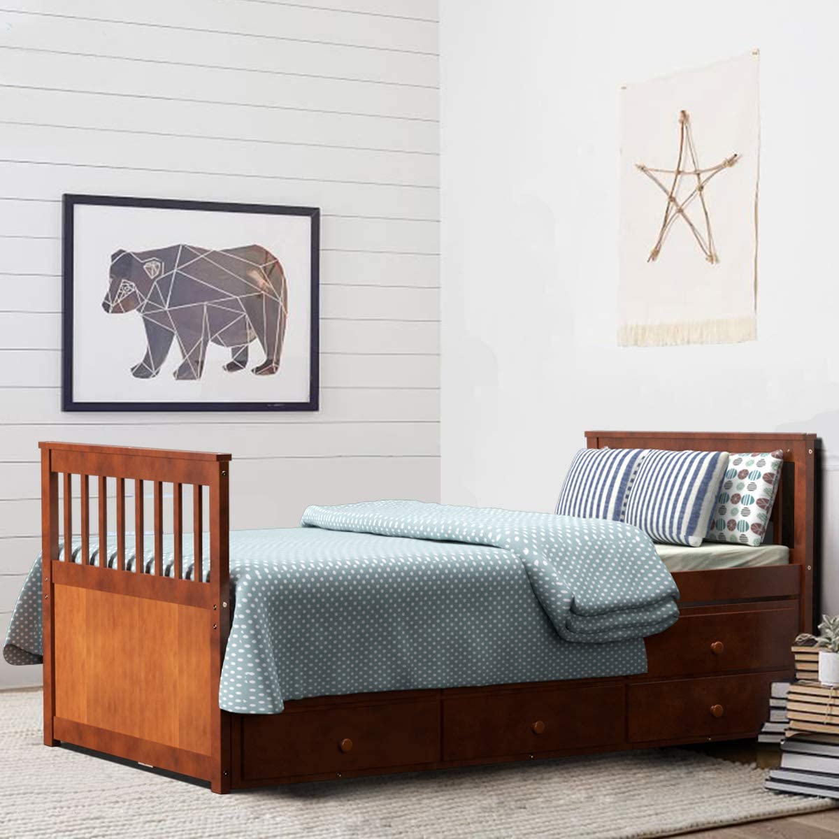 Twin Captain&rsquo;s Bed with Trundle Bed, Wood Storage Daybed with 3 Storage Drawers