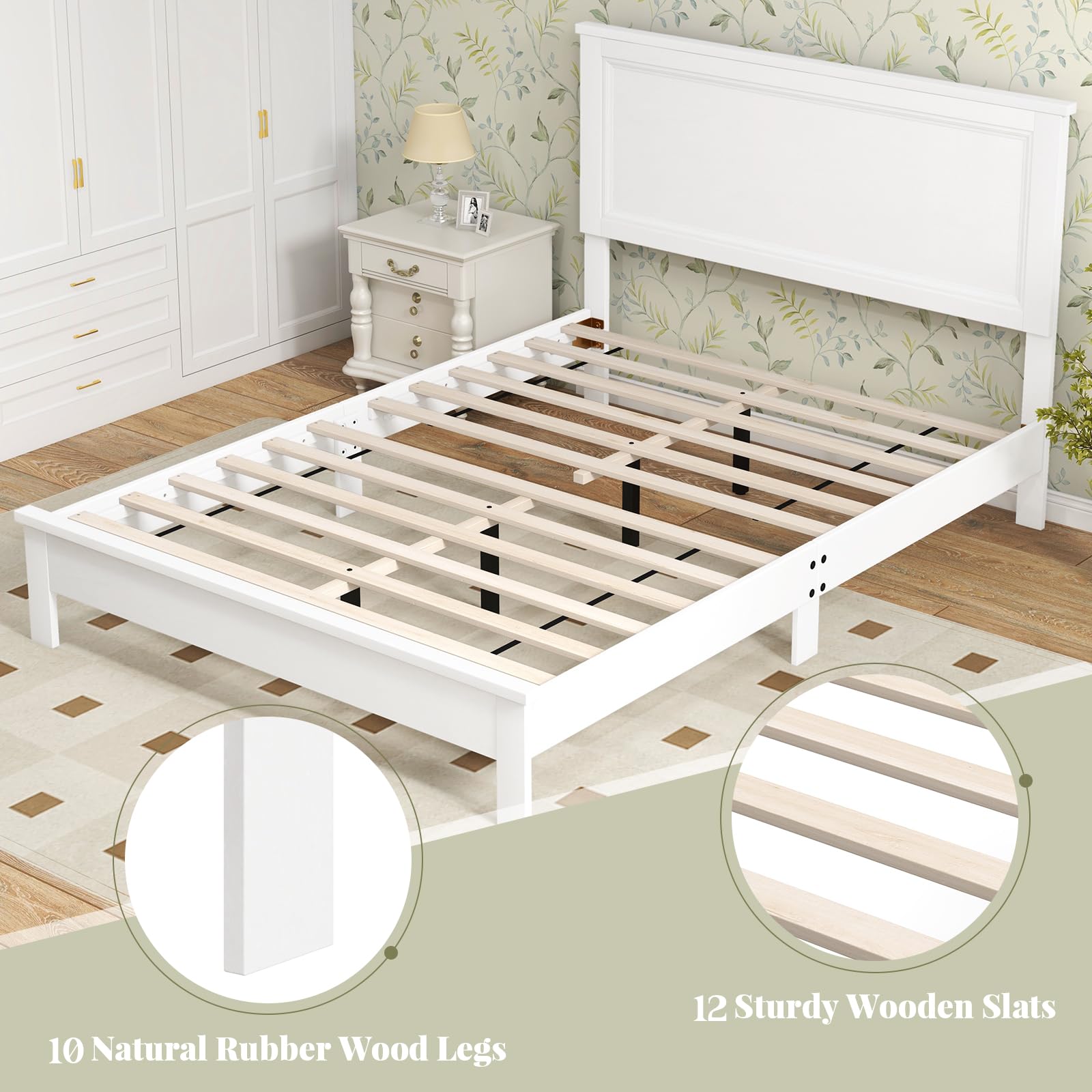Wood Platform Bed Frame with Headboard, Mid Century Platform Bed Frame with Solid Wood Legs & Wooden Slat Support