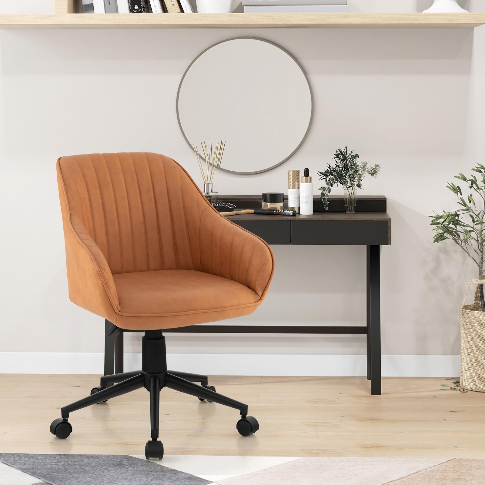 Leather Office Chair Brown, Mid Century Desk Chair with Wheels and Ergonomic Armrests