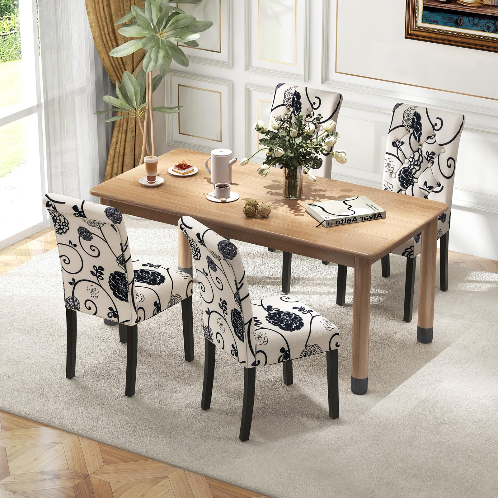 Upholstered Accent Dining Chairs Set of 2/4 with Adjustable Anti-Slip Foot Pads, High Back, Sturdy Wood Legs