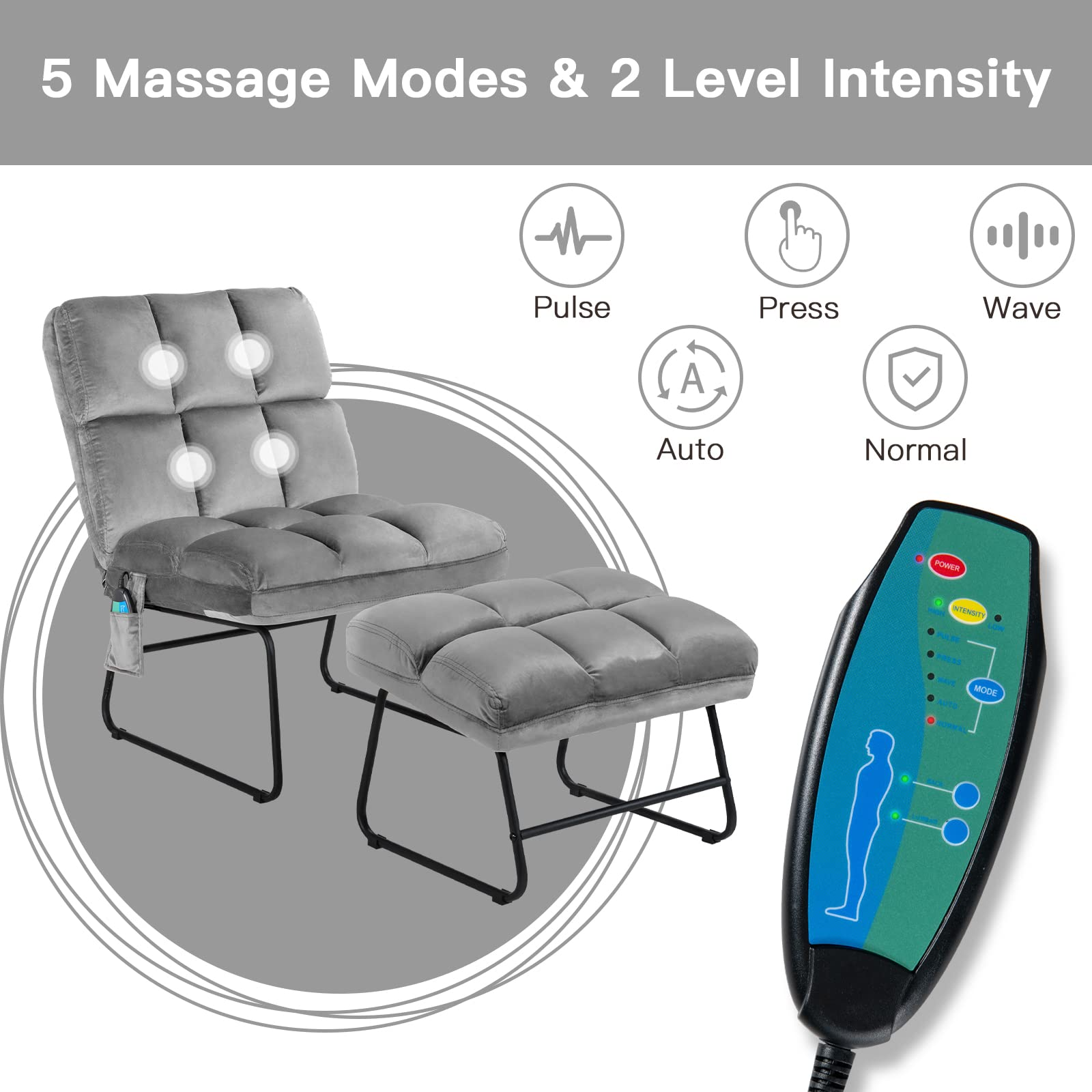 Massage Chair with Ottoman, 5 Vibration Modes & 4 Massage Motors, Velvet Fabric-Nice to Touch, Remote Control and Side Pocket