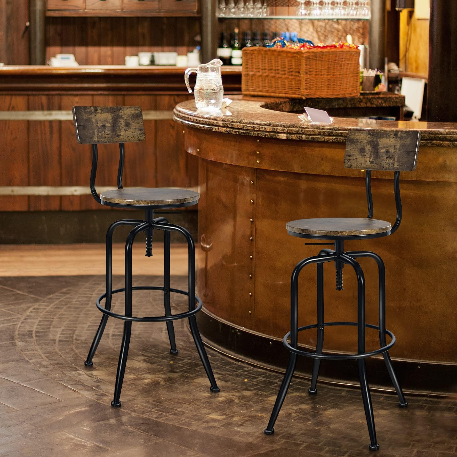 Bar Stools Set of 2/4, Industrial Counter Height Bar Chairs with Height Adjustable Seat, Arc-shaped Backrest & Footrest
