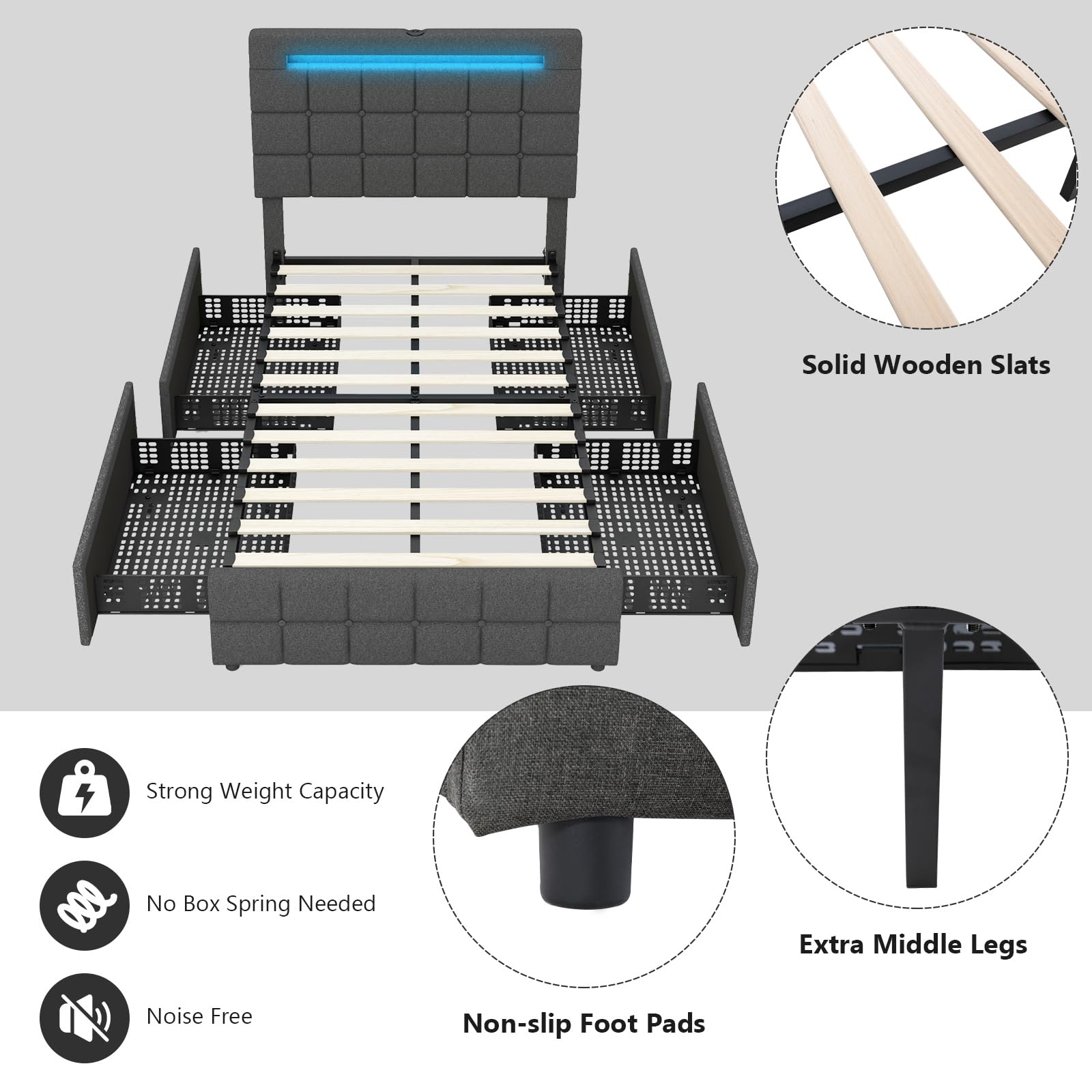 Upholstered Bed Frame with LED Lights and 4 Drawers, Height Adjustable Headboard with USB Ports