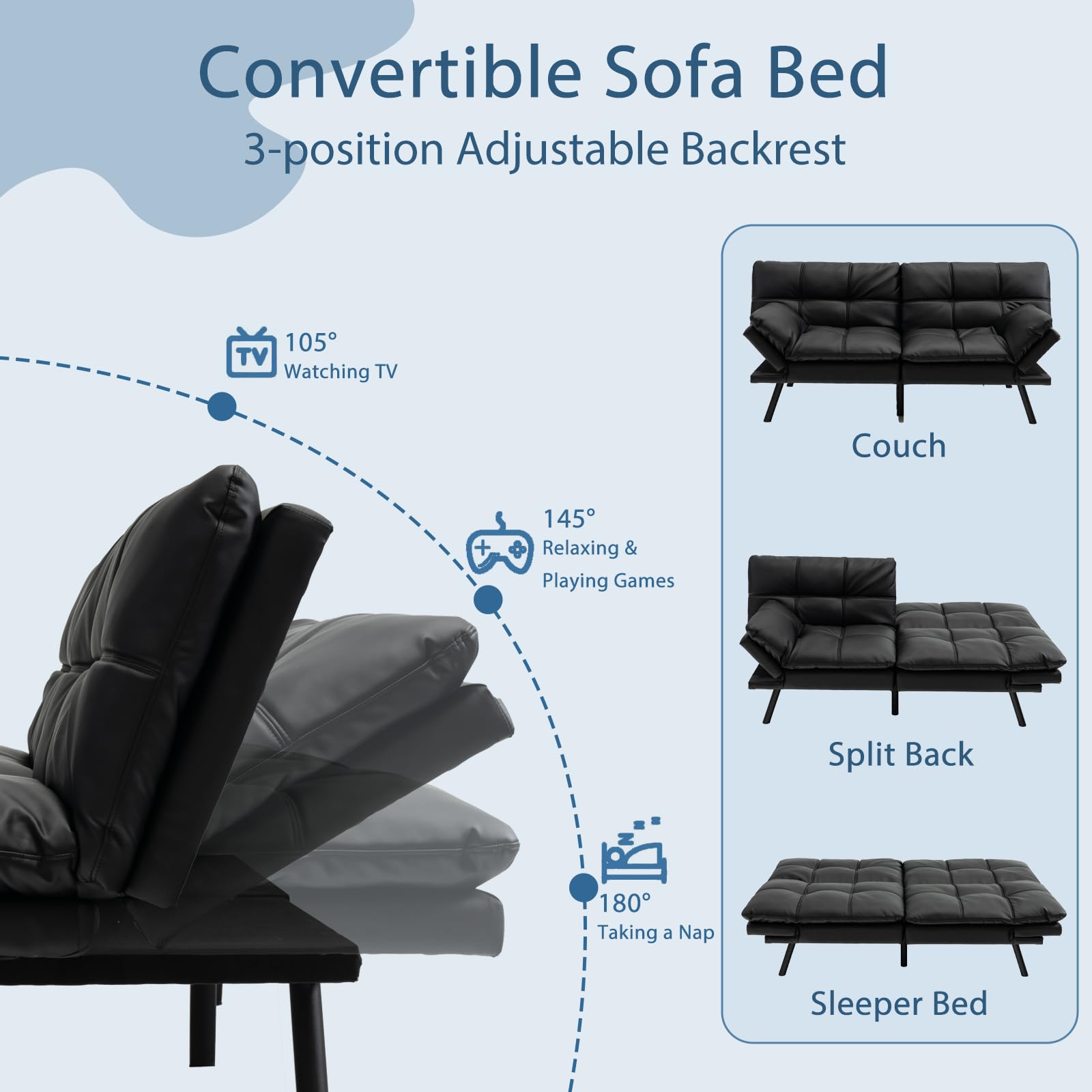 Futon Sofa Bed, Faux Leather Memory Foam Convertible Futon Couch with Adjustable Backrest & Armrests