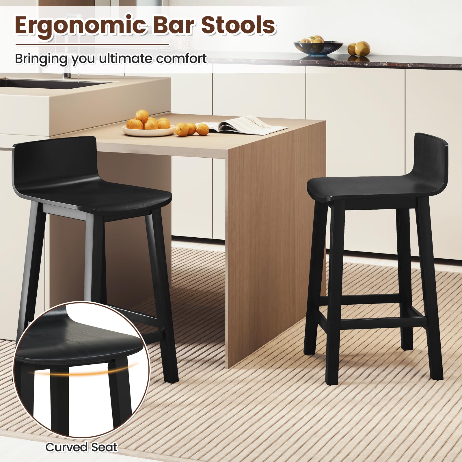 Solid Wood Bar Stools Set of 2/4, Counter Height Chairs with Low Back and Footrest