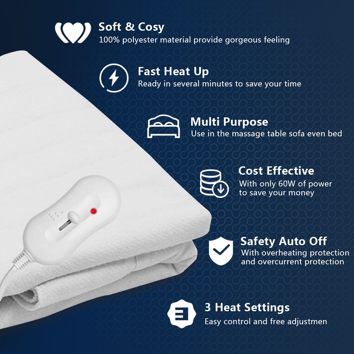 Spa Table Heating Pad with 3 Heat Settings, Auto Overheat Protection