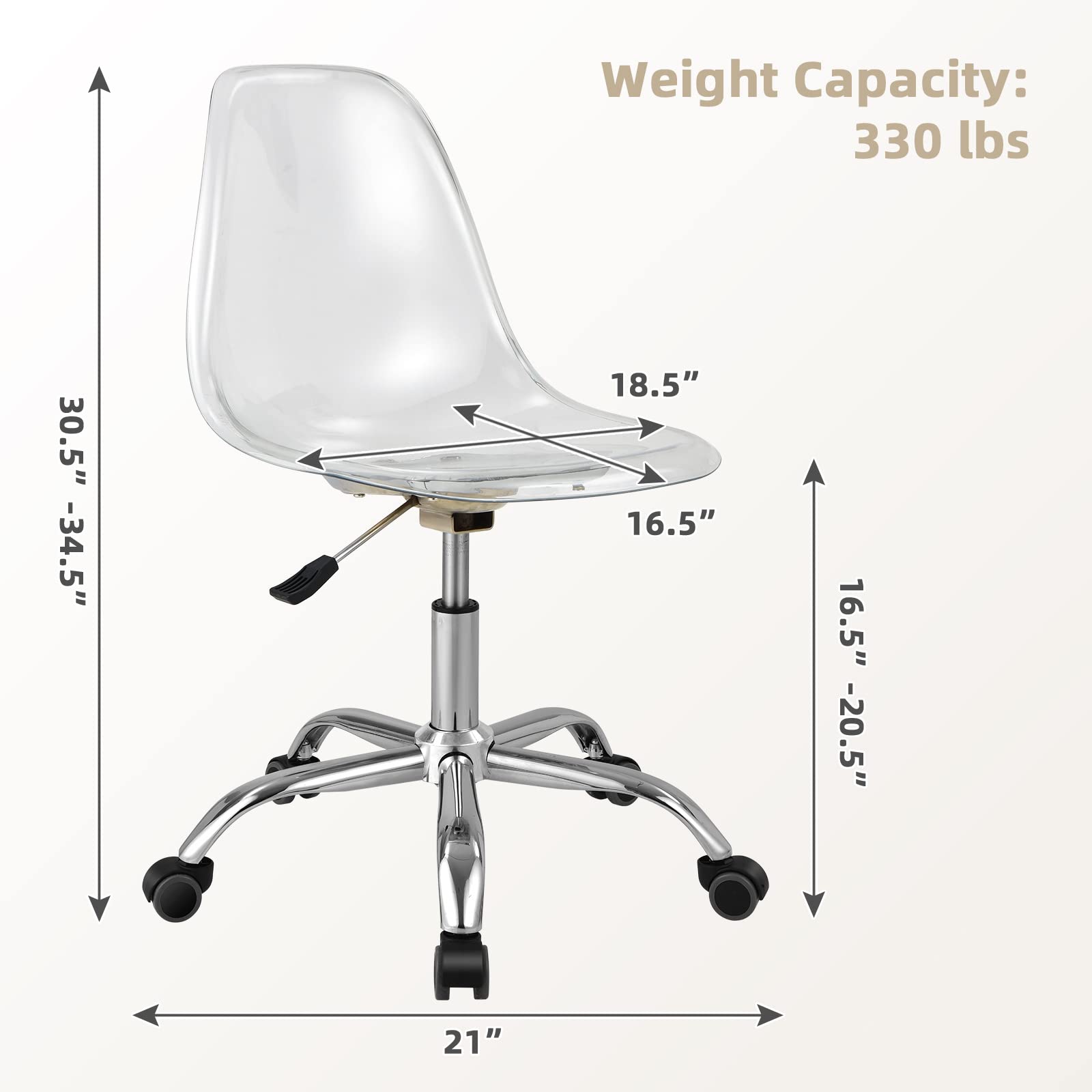 Acrylic Clear Desk Chair, Armless Swivel Vanity Ghost Plastic Chair with Sturdy Metal Base & Smooth Wheels