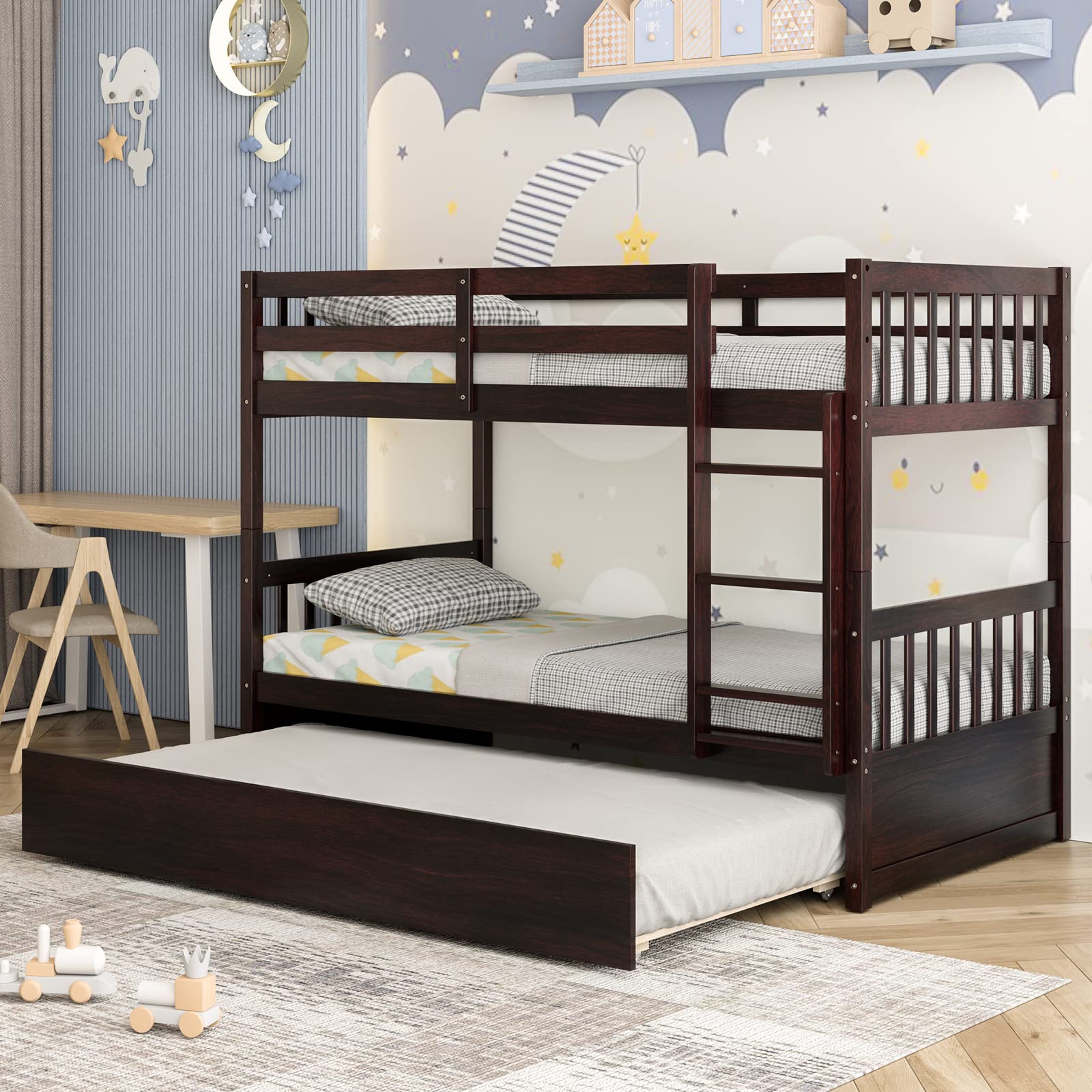 Twin Over Twin Wood Bunk Bed with Trundle, 2-in-1 Convertible Bunk Bed with Ladder & Solid Wood Frame