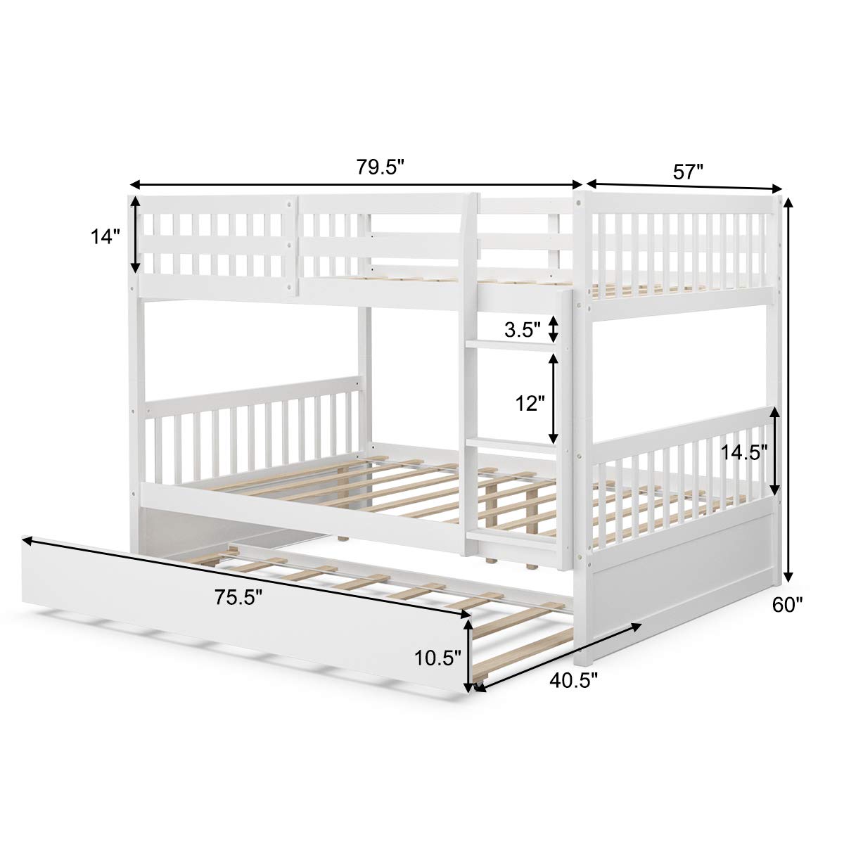 Full Over Full Wood Bunk Bed with Trundle, Ladder, Solid Wood Frame & Safety Guardrails