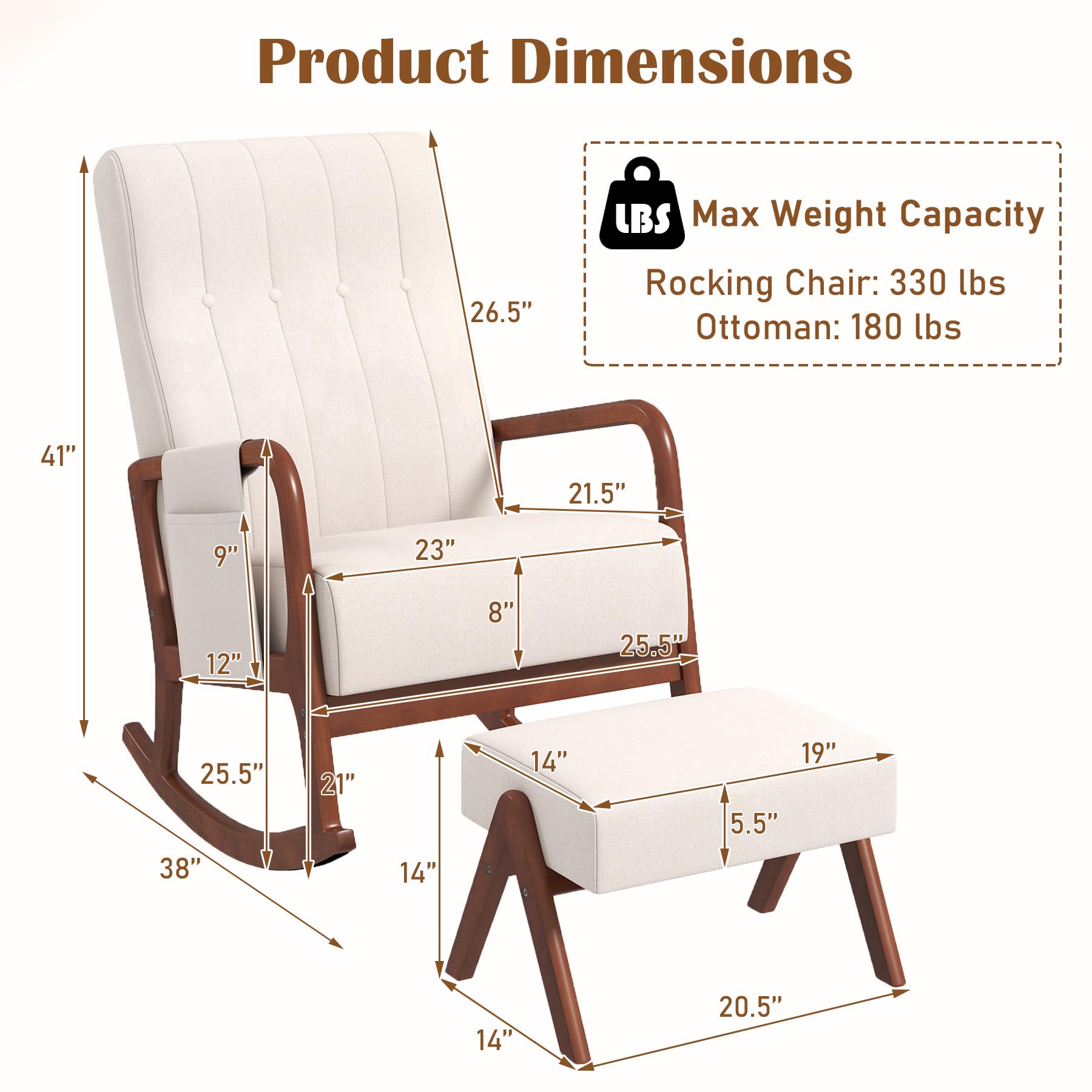 Nursery Rocking Chair with Ottoman, Upholstered Rocker Chair with Side Pocket