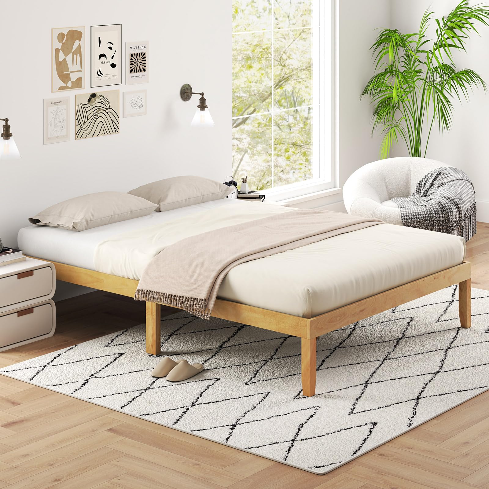 Wood Platform Bed Frame, 14 Inches Wooden Mattress Foundation with Solid Rubber Wood Legs