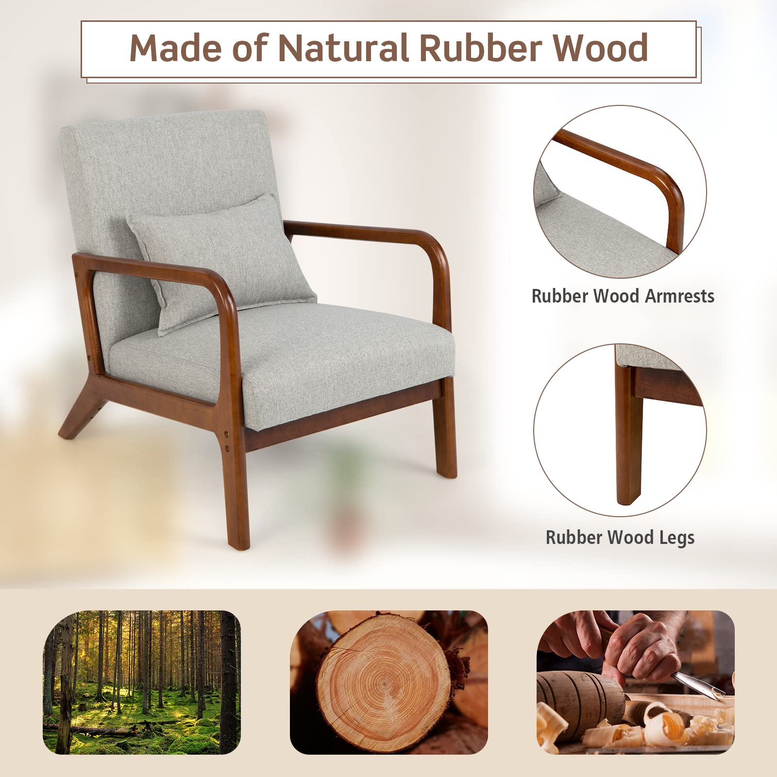Mid Century Modern Chair, Indoor Living Room Leisure Accent Chair with Cushioned Seat & Back