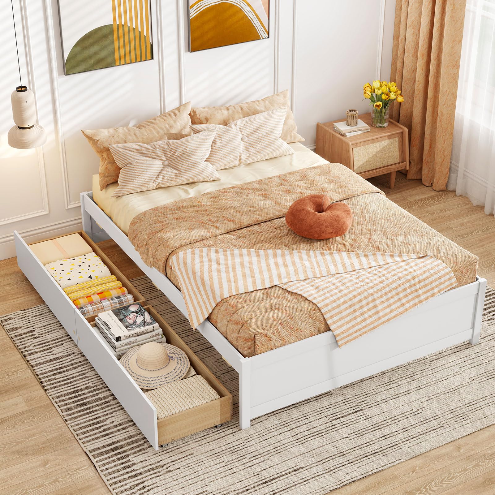 Bed Frame with 2 Storage Drawers, Solid Wood Platform Bed with Slats Support