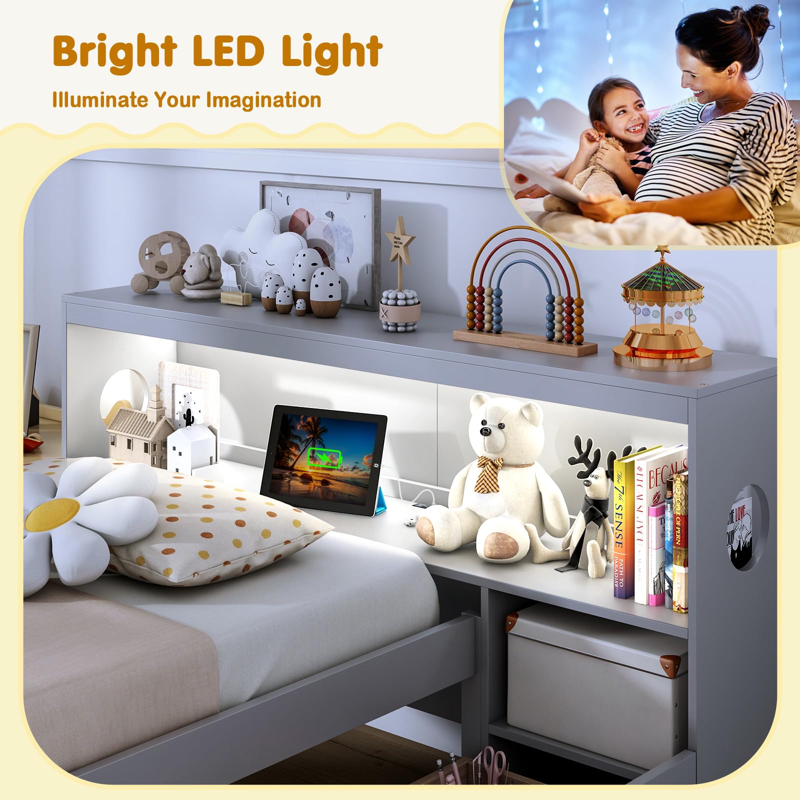 Wood Twin Bed Frame with Storage Drawer & Headboard, Modern Platform Bed with Charging Station & LED Light
