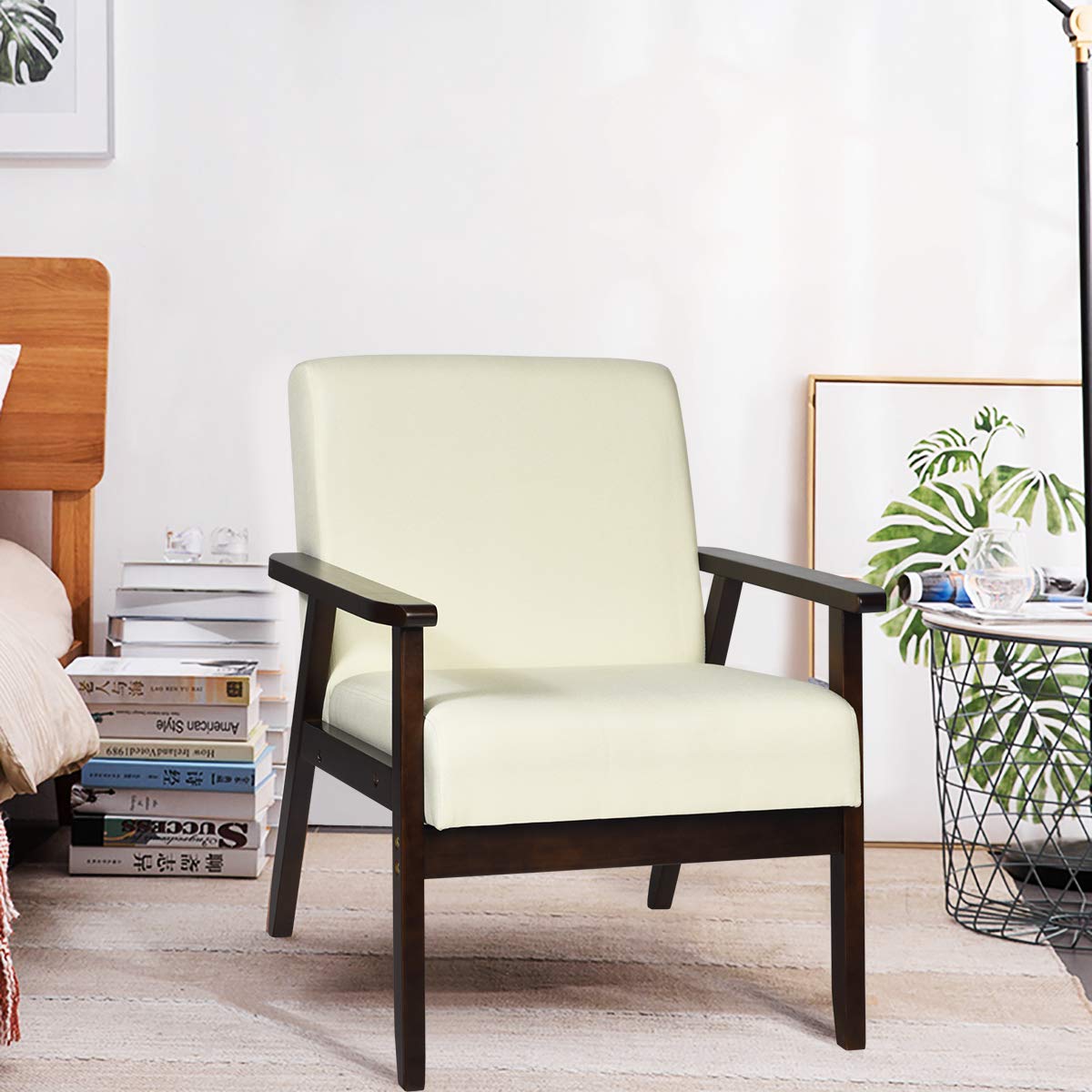 Armrest Accent Chair, Upholstered Linen Fabric Lounge Chair with Rubber Wood Legs, Comfortable Backrest