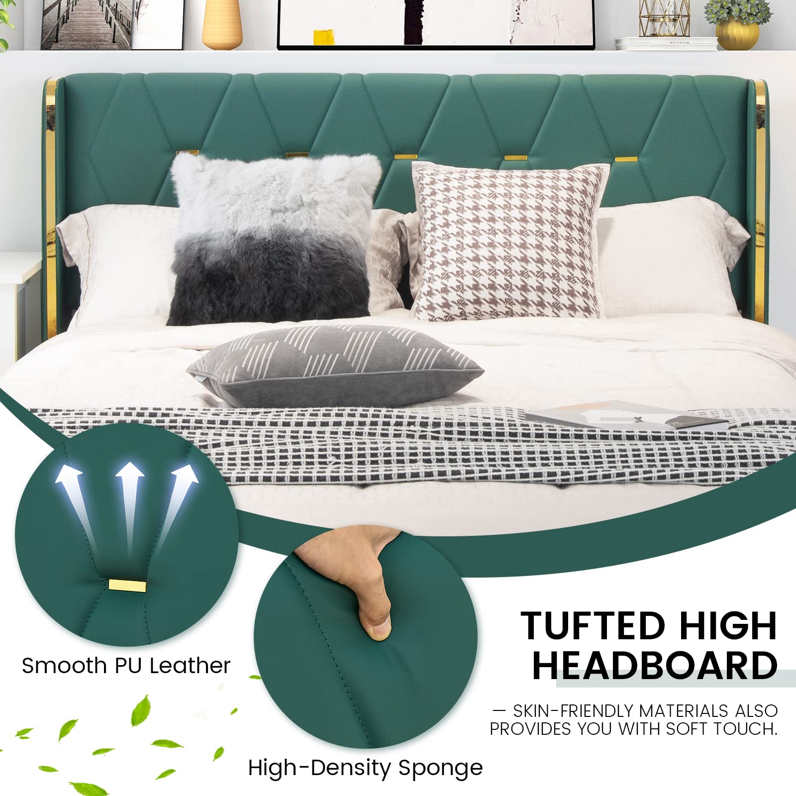 Full/Queen Upholstered Bed Frame with 4 Rolling Storage Drawers, Space Saving PU Leather Bed Frame