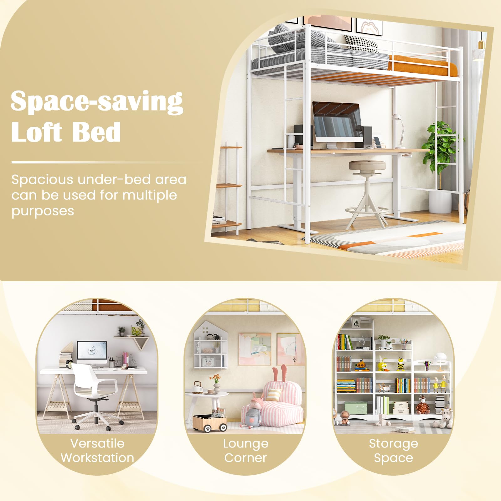 Twin Size Metal Loft Bed with Both Side Ladders & Safety Guardrails