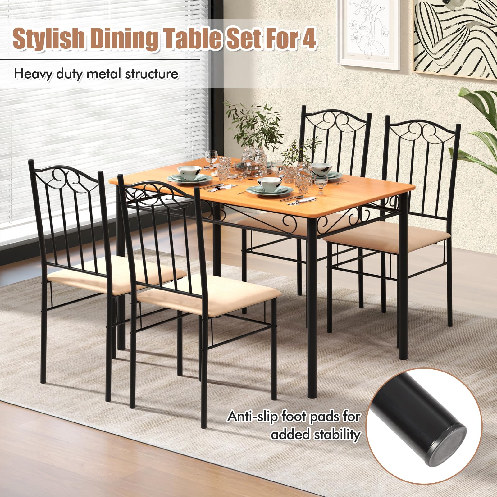 5 Pieces Dining Table Set, Modern Rectangular Dining Table & 4 Upholstered Chair Sets