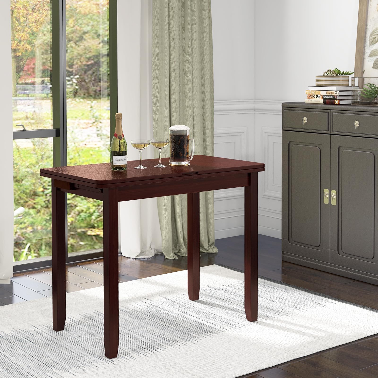 Folding Dining Table for 4, Extendable Kitchen Table w/Hidden Storage & Rubber Wood Frame