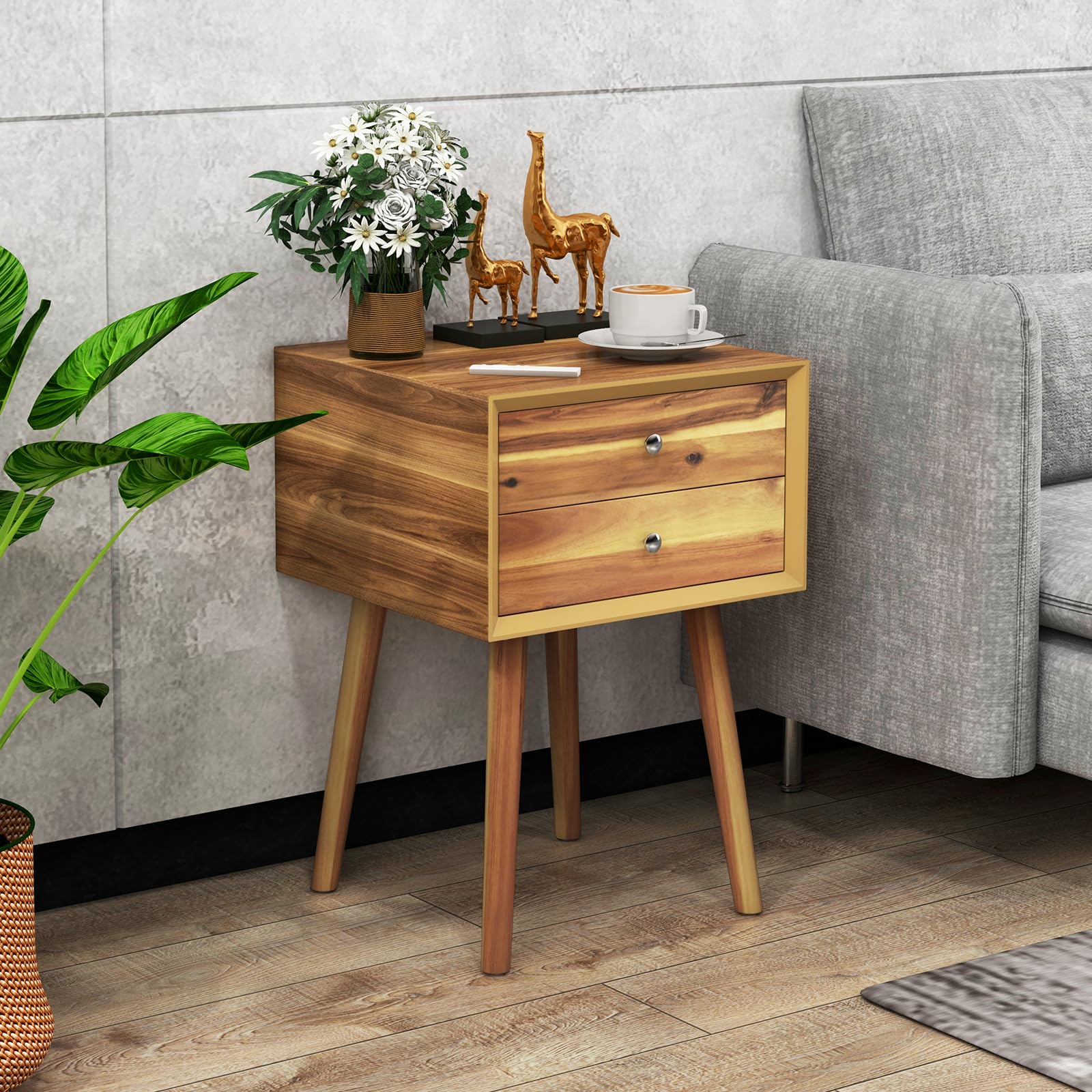 2-Drawer Nightstand, Mid-Century Modern Bed Side Table with Storage