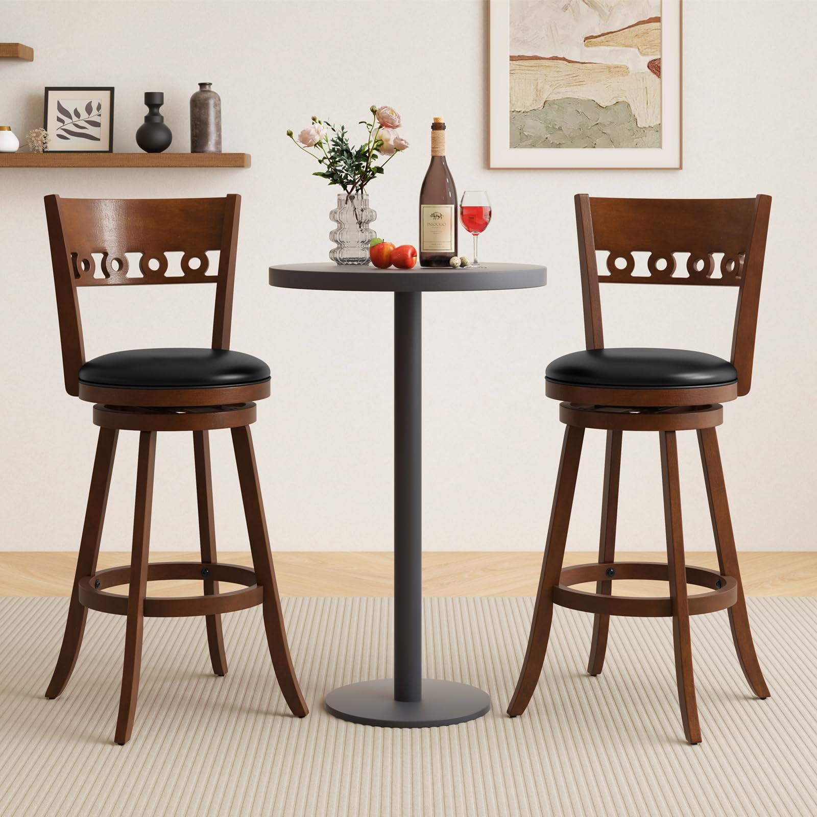 Swivel Bar Stools Set of 2/4, Bar Chairs with Back, Rubber Wood Frame