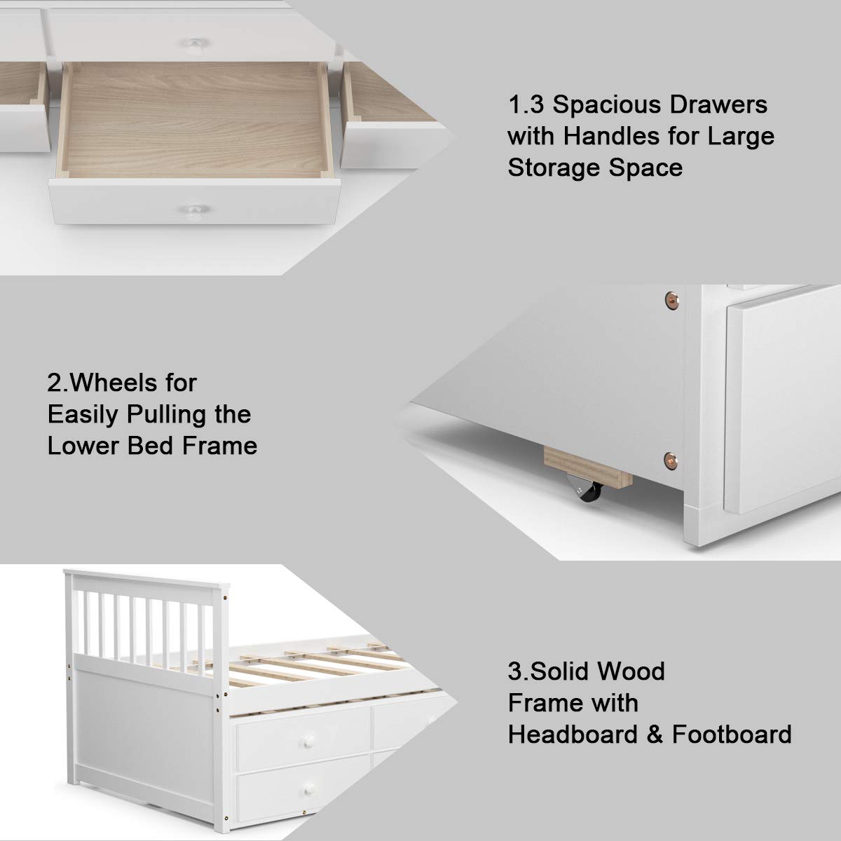 Twin Captain&rsquo;s Bed with Trundle Bed, Wood Storage Daybed with 3 Storage Drawers